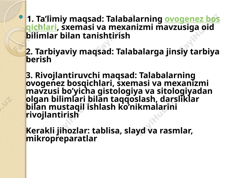 n tuxum hujayralarning o'sish davri uzoqroq cho'ziladi. to'plangan sariqlik moddasi embrion taraqqiyoti davrida oziqa sifatida sarflanadi (38 -rasm). birinchi tartibli ovosit yadrosida xuddi spermatogenez kabi o'zgarishlar sodir bo'ladi va xromosomalar tetradaga aylanadi. 3. yetilish davrida ham xuddi spermatozoiddagi kabi 2 marta bo'linish: reduksion va ekvasion meyoz sodir bo'ladi. farqi shundaki, 1 ta birinchi tartibli ovositdan 1 ta tuxum hujayra hosil bo'ladi. bu hodisa hujayrada sitoplazmaning bir tekisda tarqalmasligi tufayli sodir bo'ladi. bo'linganda hosil bo'lgan hujayralarning birida sitoplazmaning juda oz qismi, ikkinchisida esa deyarli hammasi ko'chadi. natijada hosil bo'lgan hujayralarning biri katta, ikkinchisi esa kichik bo'ladi. kichik hujayra birinchi yo'nalthrivchi tanacha yoki qutbli tanacha deb ataladi. u keyinchalik rivojlanmaydigan 2 ta hujayraga bo'linadi. katta hujayra ovosit deb ataladi. yetilishning ikkinchi bo'linishida bu katta hujayra yana ikkita hujayraga bo'linadi. uning biri kichik hujayra bo'lib, ikkinchi yo'naltiruvchi tanacha yoki qutbli tanacha deb ataladi. ikkinchisi katta hujayra bo'lib, uni ovosit deb ataladi. bu hujayrada …