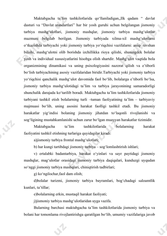 ini bolalarga o‘ynatish mumkin. buning uchun bolalar aylan shaklida turib olishadi, bolalar uchun oldindan tayyorlab qo‘yilgan soyobonni tarbiyachi ko‘tarib turadi. soyobonning pastki qismiga uzun lentalar yopishtirilgan bo‘lib bolalar shu lentaning bir uchidan ushlab turishadi. biror bir yomg‘ir yoki soyobon haqidagi musiqa qo‘yilib o‘yin boshlanadi. tarbiyachi qo‘lidagi soyobonni aylantirsa bolalar ham soyobonning lentalaridan ushlab yugirishadi. soyobonni yig‘sa bolalar tarbiyachi oldida to‘planishadi, soyobon yerga qo‘yilsa bolalar ham aylana shaklida joylarida o‘tirib olishadi. bolalarga o‘yin qoidalari tushintirib bo‘lingach harakatlar tezlashtiriladi. bu harkatli o‘yin bolalarda chaqqonlikni, epchillikni rivojlantiradi. qoidali harakatli o‘yinlarda esa bolalar, aniq ko‘rsatilgan jismoniy holatni egallaydi. jismoniy tarbiya mashg‘ulotlarning ahamiyati shundaki,bolalarda harakatlar madaniyatining kompleks rivojlantirish hamda bolalarni sog‘lomlashtirish, bolalarga ta’limiy va tarbiyaviy vazifalarni muntazam amalga oshirishdan iboratdir. bu vazifalarning bajarilishi, bolalar organizmning funksional takomillashuvi, bolalar sog‘ligining mustahkamlanishi, bolalar tomonidan to‘g‘ri harakat ko‘nikmalarining egallanishini, jismoniy sifatlar hamda, jismoniy tarbiya va sportga nisbatan qiziqishni uyg‘otish va jismoniy jihatdan rivojlanishini ta’minlaydi. jismoniy tarbiya mashg‘ulotlari bolalarni …