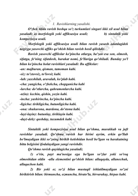 b, harakatning bitta belgisini ifodalaydigan yangi ravishdir. murakkab ravish tubandagicha yasaladi: 1) o'rin, payt ma'nosidagi so'zlar yoki so'roq olmoshi oldidan o'z ma'nosini, mustaqilligini va urg'usini saqlagan har, hech, bir so'zlarini keltirish bilan: har vaqt, har qachon, har dam, har gal, har zamon, bir lahza, bir oz, bir yo'la, bir zamon, bir zum, bir nafas, bir ёqqa, hech vaqt, hech qachon kabi; 2) o'z leksik ma'nosini saqlagan so'z formalarining aniqlovchi-aniqlanmish munosabatidan, birikishidan ham murakkab ravish hosil bo'ladi: hamma vaqt, o'tgan kun(y), shu zahoti, tunov kun, kuni kecha, shu yerda, bu yerga, bu ёqdan kabilar. juft ravishi ikki so'zning teng bog'lanishidan yasalgan ravishdir. juft ravish quyidagicha yasaladi: 1) ma'nodosh so'zlardan: asta-sekin, eson-omon, ochiq-oydin, uzil-kesil kabi. 2) qarama-qarshi ma'noli so'zlardan: qishin-yozin, ostin-ustun, ochin-to'kin kabi. 3) juft ravishlarning ba'zilari otlarni, olmoshlarni o'rin kelishiklaridan birida takrorlash orqali yoki -ma, -ba elementi bilan takrorlash orqali ham yasaladi: ko'pdan-ko'p, yildan-yilga, shundan-shunga, yuzma-yuz, ko'chama-ko'cha kabi. bunday ravish harakatning …