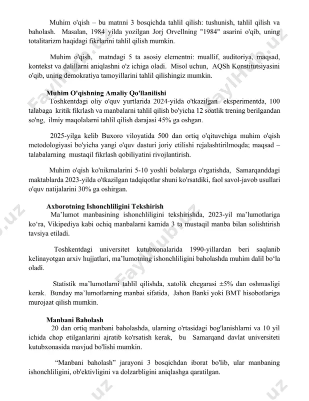 hni o'z ichiga oladi. misol uchun, aqsh konstitutsiyasini o'qib, uning demokratiya tamoyillarini tahlil qilishingiz mumkin. muhim o'qishning amaliy qo'llanilishi toshkentdagi oliy o'quv yurtlarida 2024-yilda o'tkazilgan eksperimentda, 100 talabaga kritik fikrlash va manbalarni tahlil qilish bo'yicha 12 soatlik trening berilgandan so'ng, ilmiy maqolalarni tahlil qilish darajasi 45% ga oshgan. 2025-yilga kelib buxoro viloyatida 500 dan ortiq o'qituvchiga muhim o'qish metodologiyasi bo'yicha yangi o'quv dasturi joriy etilishi rejalashtirilmoqda; maqsad – talabalarning mustaqil fikrlash qobiliyatini rivojlantirish. muhim o'qish ko'nikmalarini 5-10 yoshli bolalarga o'rgatishda, samarqanddagi maktablarda 2023-yilda o'tkazilgan tadqiqotlar shuni ko'rsatdiki, faol savol-javob usullari o'quv natijalarini 30% ga oshirgan. axborotning ishonchliligini tekshirish ma’lumot manbasining ishonchliligini tekshirishda, 2023-yil ma’lumotlariga ko‘ra, vikipediya kabi ochiq manbalarni kamida 3 ta mustaqil manba bilan solishtirish tavsiya etiladi. toshkentdagi universitet kutubxonalarida 1990-yillardan beri saqlanib kelinayotgan arxiv hujjatlari, ma’lumotning ishonchliligini baholashda muhim dalil bo‘la oladi. statistik ma’lumotlarni tahlil qilishda, xatolik chegarasi ±5% dan oshmasligi kerak. bunday ma’lumotlarning manbai sifatida, jahon banki …