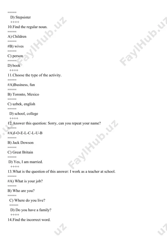 ==== d) yes, i am ++++ 36. i like _________ to music. ==== a) hearing ==== #b) listening ==== c) playing ==== d) writing ++++ 37. find the preposition of “agree”. i agree ______ her. ==== a) about ==== b) to ===== c) in ==== #d) with ++++ 38. find the answer of this question. do people often wait buses? ==== a) yes, they are free. ==== b) no, it`s difficult. ==== c) i agree with you ==== #d) no, not often. ++++ 39. are you ______ _______ my keys? ==== a) looking after ==== #b) looking for ==== c) looking at ==== d) looking about ++++ 40. we always __________ our shopping in cash. ==== a) sell ==== b) listen to ==== #c) pay for ==== d) laugh at ++++ 41. find the answer. are you a teacher? ==== a) yes, i do ==== b) yes, i can ==== …