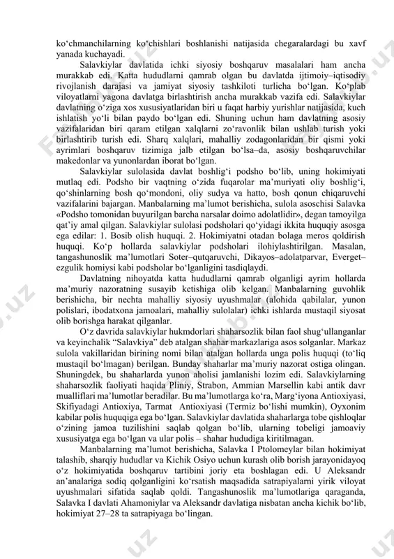 bi etib tayinlaydi. antiox vayron etilgan qal’alarni tikladi, quyi murg‘ob vohasini o‘rab olgan yirik va qalin mudofaa devor (marg‘iyona devori) bunyod etdi, qo‘zg‘olonlarni bostirdi. u salavkiylar qudratini namoyish etish maqsadida atrof o‘troq va ko‘chmanchi aholi ustiga harbiy yurishlar uyushtirdi. antiox tomonidan o‘tkazilgan bir qancha harbiy–siyosiy va diplomatik tadbirlar tufayli o‘rta osiyodagi salavkiylarga qarshi harakatlar bostirildi. o‘rta osiyo viloyatlari salavkiylar davlati siyosiy tarixida yetakchi o‘rinlardan birinchi egallaydi. o‘zining uzoq yillik hukmronligi davrida (mil. avv. 293–261 yy.) antiox g‘arbga qilgan ko‘pgina yurishlari bilan shuhrat qozondi. u o‘z davlatining sharqiga, jumladan o‘rta osiyo yerlariga kam e’tibor qaratdi. bu paytda o‘rta osiyoda iqtisodiy o‘zgarishlar yuz berdi. tinch hayot boshlanib qishloq xo‘jaligi, hunarmandchilik va savdo–sotiq anchagina rivojlanadi. salavkiylar davlati markazidan chetda bo‘lishiga qaramay, o‘rta osiyo viloyatlari ular davlatining eng muhim qismi edi. o‘rta osiyo harbiy–strategik va iqtisodiy ahamiyatga ega bo‘lib, salavkiylar bu hudud bo‘ylab o‘tgan savdo yo‘llari bo‘yida shaharlar va tayanch harbiy istehkomlar qurdirib ularda …