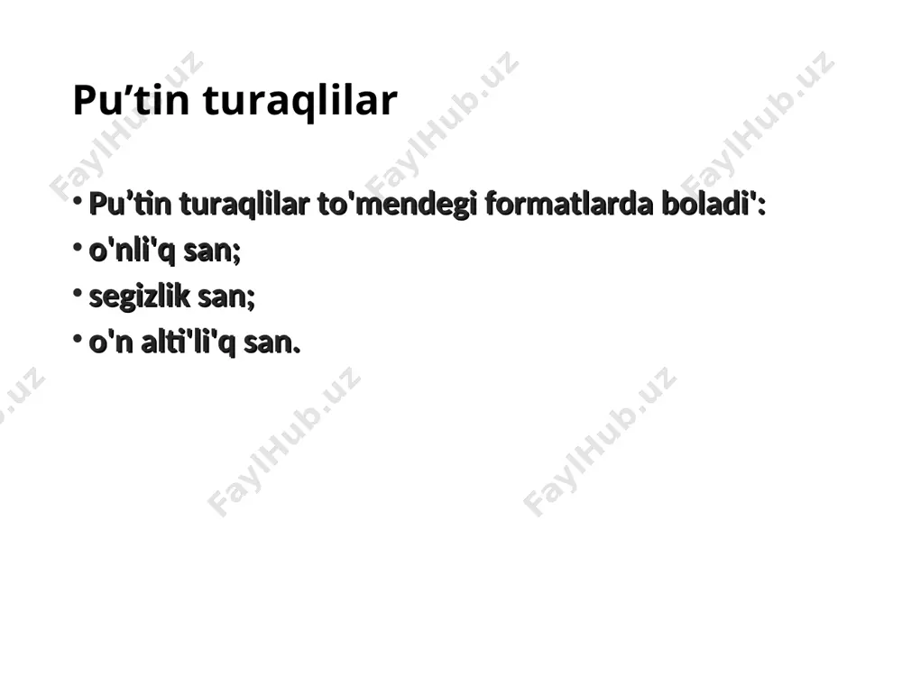 ’nis inabatqa ali'nbaydi' */ tu’rlengen turaqlilar tu’rlengen turaqlilar tap o’zgeriwshiler si'yaqli' isletiledi ha'm initsializatsiya yetilgennen(baslang'i'sh ma’nis berilgennen) keyin olardi'n' ma`nisin wo'zgertirip bolmaydi'. tu’rlengen turaqlilar const gilt so'zi menen dag'aza yetiledi, wodan keyin turaqli tu'ri ha'm a'lbette initsializatsiya bo'legi boli'wi' kerek. misallar #include int main() { const double pi=3.1415; const int radius=3; double square=0; square=pi*radius*radius; cout { , , … = }; bul jerde, enum-gilt so'z(inglizshe enumerate-nomerlew) ; - turaqlilar diziminin' ati'; - pu’tin ma’nisli' konstantalardin’ atlari'; - sha'rt bolmag'an initsializatsiya ma`nisi(an'latpa). tu’rdi basqa tu'rge keltiriw c++ tilinde bir tu’rdi basqa tu'rge keltiriwdn' ayqin ha'm ayqinemes jollarina iye. uluwma alg'anda, tu’rdi basqa tu'rge ayqinemas keltiriw an'latpada har-xil tu'rdegi o’zgeriwshiler qatnasqan jag'daylarda a'mel yetedi(aralas tu'rler arifmetikasi). ayi'ri'm jag'daylarda, atap aytqanda tayansh tu'rler menen baylani'sli' tu'rge keltiriw a'mellerinde aljasi'qlar ju'zege keliwi mu'mkin. misal #include int main() { int integer_1=54; int integer_2; float floating=15.854; integer_1=(int) floating; // ayqin keltiriw; integer_2=(int) floating // ayqin emes …