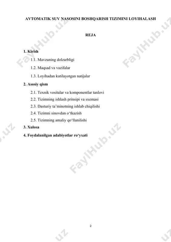 tirmoqda. tuproqning namlik darajasini o‘lchash va suv nasoslarini avtomatik ravishda boshqarish tizimlari nafaqat qishloq xo‘jaligi ishlab chiqarish jarayonlarini optimallashtirishda, balki suv resurslarini tejashda ham katta ahamiyatga ega. mazkur loyiha doirasida arduino mikrokontrolleri, tuproq namlik datchigi va suv nasosidan foydalanib, ekologik va iqtisodiy jihatdan samarali, shu bilan birga, texnik jihatdan ishonchli bo‘lgan boshqaruv tizimini yaratish nazarda tutiladi. ushbu loyiha, ayniqsa, kichik fermer xo‘jaliklari va individual tomorqa yer egalari uchun amaliy ahamiyatga ega bo‘lib, inson mehnatini yengillashtirish va suvni tejash imkonini beradi. ushbu kurs ishining asosiy maqsadi — arduino platformasi asosida tuproq namlik darajasini o‘lchaydigan va suv nasosini avtomatik boshqaradigan tizimni loyihalash va uni sinovdan o‘tkazishdir. mazkur maqsadga erishish uchun quyidagi vazifalar bajariladi: - tuproq namlik darajasini o‘lchash uchun zarur bo‘lgan texnik vositalarni tanlash va o‘rganish. - arduino mikrokontrolleriga asoslangan boshqaruv tizimini ishlab chiqish. - tuproq namligi bo‘yicha olinadigan ma’lumotlarga asoslangan avtomatik boshqaruv algoritmini dasturlash. - suv nasosining ishonchli va samarali ishlashini …
