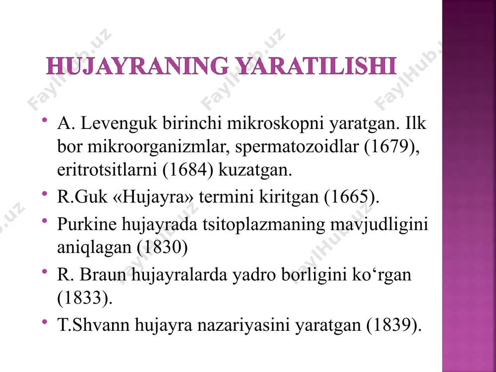 iyasi: 1) segregatsiya (sintezlangan maxsulotni gialoplazmadan ajratish), 2) sekretsiya; 3) modifikatsiya (eptda xosil bo‘lgan maxsulotlarga uglevod va boshqa moddalarni birikishi); 4) lizosoma va peroksisomalarni xosil qilishda qatnashish; 5) yog‘ so‘rilishi golji apparatida xosil bo‘ladi; biomembrana bilan o‘ralgan yumaloq tuzilma; polimer va monomerlarni parchalovchi fermentlar tutadi; nishon fermenti – kislotali fosfataza; lizasomalar membirana fermentlar funksiyalari: himoya xujayra ichi xazmlanishida qatnashadi; xujayrani o‘lishdan saqlaydi. agar xujayrada lizosomalar kam yoki bo‘lmasa, xujayra lipid va uglevodlarni to‘planishidan o‘ladi; jarohatlangan organellalarni parchalaydi. lizosomaga o‘xshash kattaligi 0,1–1,5 mkm li tsitoplazmaning mayda tanachalari; matriksida fibrilla va naycha lardan iborat kristal panjarali modda – nukleoid tutadi; nishon fermenti - katalaza perioksisoma funksiysi - aminokislotlalarning oksidlanishi natijasida hosil bo‘ladigan vodorod peroksidni parchalaydi; - vodorod peroksidni parchalash natijasida bakteritsidlik xususiyatiga ega atomar kislorodni xosil qiladi ikki membranali organella; tashqi membranasi – silliq, ichki membranasi – kristalar hosil qiladi yarim suyuq matriksida fermentlar, ribosomalar, dnk, rnk joylashadi. mitoxondriyalarning soni, shakli, kattaligi …