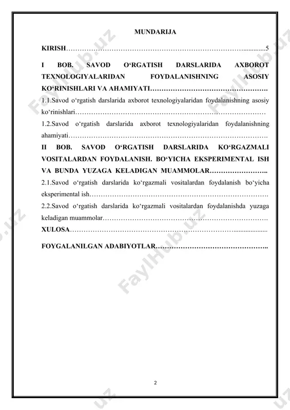 da birinchi bo‘lib tanishtiriladigan fandir. bu esa “savod o‘rgatish” bo‘yicha boshlang‘ich umumiy ta’limning respublika davlat ta’lim standarti asosidagi tizimli-faollik yondashuvi qoidalarini amalga oshirish birinchi o‘rinda ekanligini anglatadi: o‘quvchilarning individual, yosh va psixologik xususiyatlarini, ta'lim va tarbiyaning muayyan maqsadlari uchun faoliyat va muloqot shakllarining roli va bilimlarini va ularga erishish yo‘llarini hisobga olgan holda; maktabgacha va boshlang‘ich umumiy ta’limning uzluksizligini ta'minlash. savod o‘rgatish darslarida bolalarda umumiy nutq ko‘nikmalarini shakllantirish, eshitish va vizual idrok etishni rivojlantirish, talaffuz va fazoviy orientatsiyani yaxshilash, shuningdek, qo‘llarning mayda mushaklarini rivojlantirish bo‘yicha ishlar boshlanadi. ta’lim atrofdagi voqelikning ob’ektlari va hodisalari bilan tanishish, didaktik o‘yinlarni tashkil etish jarayonida amalga oshiriladi. kurs ishi maqsadi: savod o‘rgatish darslarida ko‘rgazmali vositalardan foydalanish. akt haqida ilmiy-metodik tavsiyalar ishlab chiqish. kurs ishi ob’ekti: yuqorida oldimizga qo‘ygan maqasadimizdan kelib chiqib: -tadqiqot ishida tanlangan mavzu bo‘yicha ijtimoiy-pedagogik, falsafiy- ma’rifiy, ilmiy-metodik hamda o‘quv adabiyotlarni o‘rganib chiqish va umumlashtirish. -savod o‘rgatish darslarida ko‘rgazmali vositalardan foydalanish bilan tanishtirish …