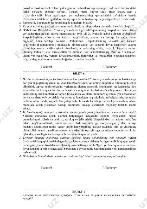 alanishga xaqli. tuzuvchi _____ t. teshayev _ _ _ _ _ _ _ _ _ _ _ _ _ _ _ __ _ _ _ _ _ _ __ _ _ _ _ _ _ __ _ _ _ _ _ _ __ _ _ _ _ _ _ __ _ _ _ bilet-3 1. respublikamizda yerga nisbatan xususiy mulk huquqini rivojlanishi masalasida o‘z fikringizni bildiring? yerga nisbatan xususiy mulk huquqi xususida fikr yuritganda - mulk huquqining quyidagi xususiyatlari xisobga olinishi kerak: - mulk huquqi mulkdorda qonunchilik hujjatlari asosida yuzaga keladi; - mulkdorda mulkga nisbatan mutloq xo‘jalik huquqi mavjud; - mulkdorga ma’lum huquqlar bilan bir qatorda majburiyatlar ham yuklanadi. so‘ngi paytlarda yer uchastkalari xususiy mulk maqomiga ega bo‘layotganligi sababli sohadagi munosabatlarda fuqarolik huquqining yetakchilik qilayotgani, yer uchastkalariga nisbatan xususiy mulk huquqi joriy etilgan sharoitda bunday yondashuv munozaralidir. davlat yer uchastkalari fuqarolar va yuridik shaxslarga qanday shaklda tegishli bo‘lishidan qatiy nazar …