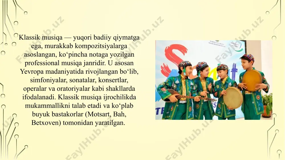 musiqa tinglash ham kortizol (stress gormoni) darajasini pasaytiradi. musiqa insonning kognitiv funksiyalariga ham sezilarli ta’sir ko‘rsatadi. ayrim turdagi musiqalar, ayniqsa instrumental yoki barok klassik musiqalari, o‘rganish jarayonida diqqatni jamlash, xotirani faollashtirish va fikrlash qobiliyatini kuchaytirishga yordam beradi. bu “motsart effekti” deb ataluvchi hodisa bilan bog‘liq bo‘lib, u ilmiy muhokamalarga sabab bo‘lgan, ammo ko‘p hollarda ijobiy natijalar ko‘rsatgan. shu sababli, talabalarga yoki aqliy mehnat bilan shug‘ullanuvchilarga o‘rganish vaqtida fon sifatida mos musiqa tinglash tavsiya etiladi. image3.png image4.png image5.png image6.png image2.png /docprops/thumbnail.jpeg