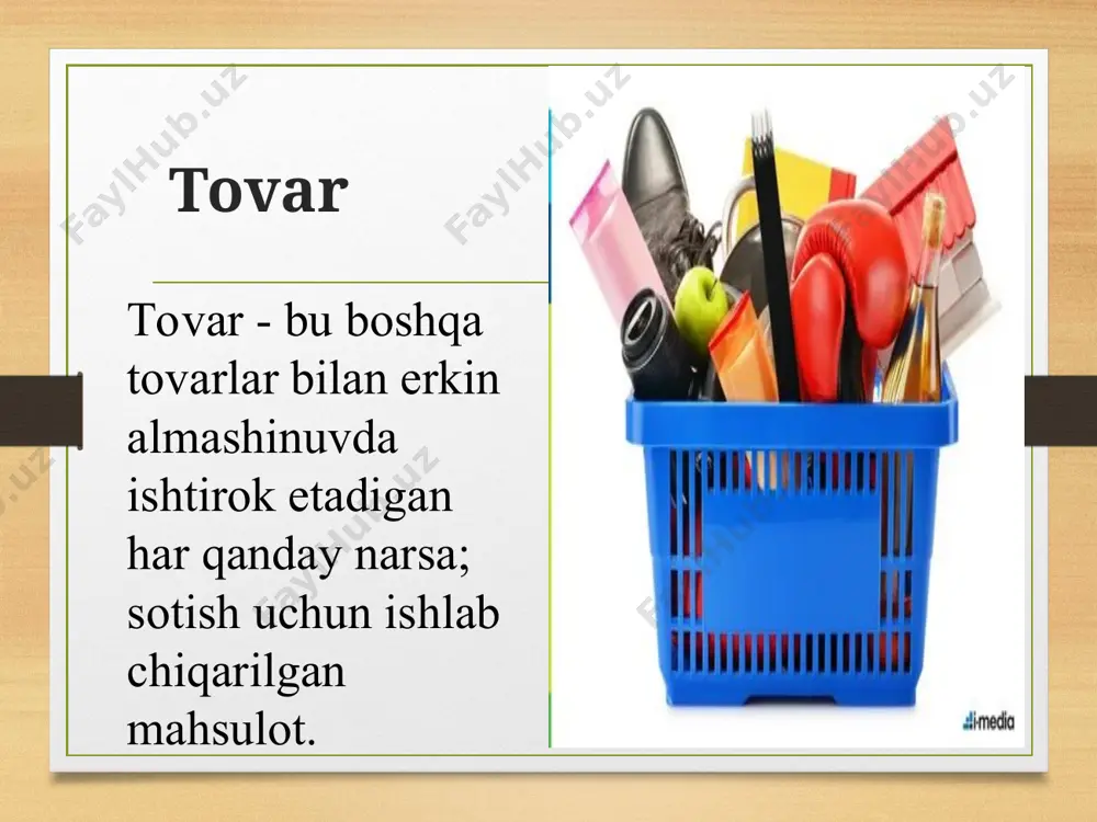 uchun turli xil tovarlarni tanlaydi. masalan, bir kishi sport bilan shug'ullanishni yaxshi ko'rsa, sport kiyimlari va aksessuarlarining iste'mol qiymati yuqori bo'ladi. tovarning sifati: sifatli tovarlar odatda yuqori iste'mol qiymatiga ega bo'ladi, chunki ular uzoqroq vaqt xizmat qiladi va iste'molchiga ko'proq foyda keltiradi. tovarning dizayni va estetikasi: chiroyli va zamonaviy dizayndagi tovarlar iste'molchilarga ko'proq yoqadi va ularning iste'mol qiymati yuqori bo'ladi. tovarning narxi: arzon tovarlarning iste'mol qiymati yuqori bo'lishi mumkin, chunki ular iste'molchilarga ko'proq pul tejash imkonini beradi. tovarning mavjudligi: kamyob tovarlarning iste'mol qiymati yuqori bo'lishi mumkin, chunki iste'molchilar ularni osongina topolmasligi mumkin. almashinuv qiymat: bu tovarning boshqa tovarlarga almashinish qobiliyatini bildiradi. almashinuv qiymatni hisoblashda, mahsulotni ishlab chiqarishga sarflangan xarajatlar (себестоимость) hisobga olinadi. almashinuv qiymati bir nechta omillarga bog'liq: talab va taklif: talab yuqori bo'lgan tovarlarning almashinuv qiymati yuqori bo'ladi, chunki ularga talab ko'p bo'ladi. taklif kam bo'lgan tovarlarning almashinuv qiymati ham yuqori bo'ladi, chunki ular kamroq bo'ladi. tovarning foydaliligi: foydali …