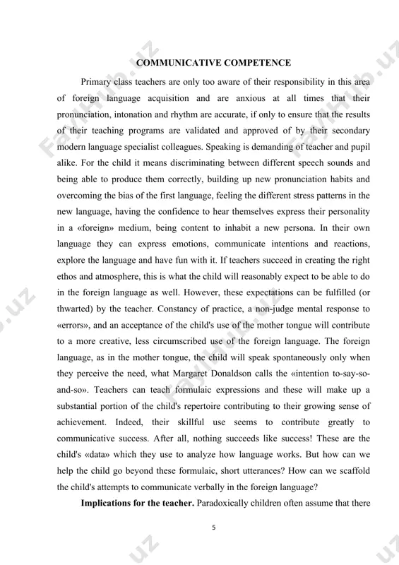 d use language in situations where these competences are authentically required.as with the mother tongue, a foreign language is acquired through a developmental process that focuses first on language use through meaningful communicative activities, combined with steps along the way that sometimes involve focus on language form with conscious self-editing and refinement of the rules of the language.is needed is a consciousness-raising of the rules, a focus on the components of the utterance so that the child can more control of their speech. this is not to advocate a return to dry grammar/parsing lessons. it is, rather, helping the child monitor the correctness and/or appropriateness of their utterances, helping them focus on accuracy as well as fluency, on social, discourse and pragmatic features of language use. but this seems far away perhaps from the initial stages of developing speaking in the foreign language. how do we start? by considering the …