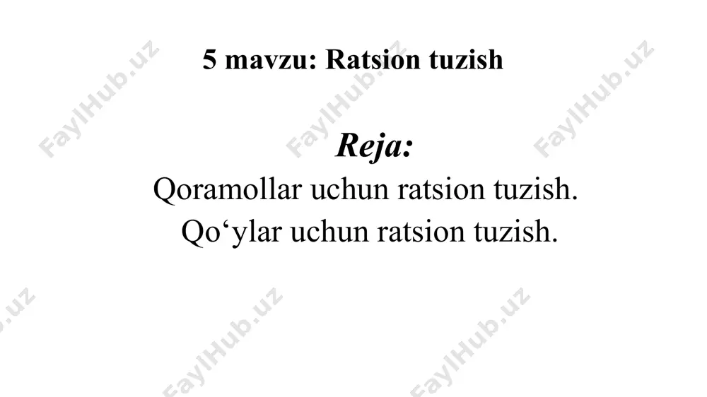 otein (gr) qand (gr) kaltsiy(gr) fosfor (gr) karotin (mgr) dag‘al ozuqalar beda pichani 0,44 6,72 0,830 101,0 20,0 17,0 2,2 49,0 bug‘doy somoni 0,2 4,76 0,846 5,0 3,0 2,8 0,8 4,0 arpa somoni 0,34 5,71 0,830 13,0 2,4 3,3 0,8 4,0 har xil o‘t pichanlar 0,44 6,45 0,850 56,0 10,0 8,3 2,0 15,0 ser-suv shirali ozuqalar makkajo‘xori silosi 0,20 2,30 0,250 14,0 6,0 1,4 0,4 20,0 beda senaji 0,35 4,19 0,450 71,0 19,0 10,9 1,0 40,0 xashaki lavlagisi 0,12 1,65 0,120 9,0 40,0 0,4 0,5 0,1 sabzi 0,14 2,20 0,120 8,0 35,0 0,9 0,6 54,0 ozuqalar nomi ozuqa birligi almashinuv energiyasi (mj) quruq modda (kg) hazm bo‘ladigan protein (gr) qand (gr) kaltsiy(gr) fosfor (gr) karotin (mgr) omuxta yem ozuqalari suli doni 1,0 9,2 0,850 79,0 25,0 1,5 3,4 1,3 makkajo‘xori doni 1,33 12,2 0,850 73,0 40,0 0,5 5,2 3,0 arpa doni 1,15 10,5 0,850 85,0 2,0 2,0 3,9 0,5-0,2 bug‘doy …
