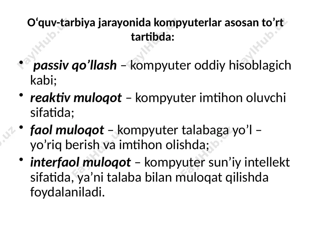 idual psixologik xususiyatlarini hisobga olish (egallagan bilim, ko’nikma va malakalarini hisobga olib, o’quv fani mazmuni hamda o’quv masalalari murakkablik darajasi o’quvchilarning yosh imkoniyatlari va individual xususiyatlariga mos kelishi, o’quv materialini o’zlashtirishda ortiqcha his’hayajonli, asabiy, aqliy yuklamalardan ta’sirlanishdan himoyalash) kiradi. texnik talablarga zamonaviy universal shaxsiy kompyuterlar, tashqi qurilmalari, test o’tkaziladigan manbalar kiradi. tarmoq talablariga «mijoz-server» arxitekturasi, internet-navigatorlar, tarmoq operasion tizimlari, telekommunikasiya, boshqaruv vositalari (o’qitish jarayonini individual va jamoaviy ishlari, tashqi qayta aloqa) kiradi. estetik talablarga quyidagilar kiradi: tartiblilik va ifodalilik (elementlari, joylashishi, o’lchami, rangi), bezashning funksional vazifasi va ergonomik talablarga mosligi. maxsus talablarga quyidagilar kiradi: interfaollik, maqsadga yo’nalganlik, mustaqillik va moslashuvchanlik, audiolashtirish, ko’rgazmalilik, kirish nazorati, intellektual rivojlanish, differensiasiyalash(tabaqalashtirish), kreativlik, ochiqlik, qayta aloqa, funksionalilik, ishonchlilik. ergonomik talablarga quyidagilar kiradi: do’stonalik, foydalanuvchiga moslashish, ekran shakllarini tashkil etish fanlardan yaratiladigan pedagogik dasturiy vositalar quyidagi metodik talablarga javob berishi kerak: pedagogik dasturiy vositalar – o’quv materialini taqdim etishning tushunchali, obrazli va harakatli komponentlarining o’zaro bog’liqligiga …