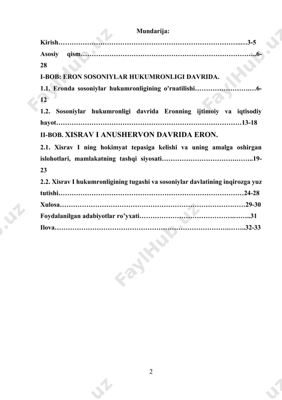 bgerd qal’asining hukmdori ardasher (soson urug‘idan) bir necha hokimliklarni birlashtirib, eronni janubiy yarmida boshqaruvini o‘z qo‘liga oldi. yangi tashkil topgan podsholikda quldorlik tizimi inqirozi boshlanib, feodal munosabatlar jadallik bilan rivojlandi. v asrning oxiriga kelib feodal munosabatlarning belgilari yanada yorqin namoyon bo‘la boshladi.sosoniylar sulolasi ayniqsa xisrav i anushervon davrida o'ztaraqqiyotining cho'qqisiga erishdi. kurs ishimning dolzarbligi xisrav i davrida eronda amalga oshirilgan islohotlar jumladan: soliq islohoti, davlat boshqaruvidagi islohotlar, harbiy islohot va ma'muriy islohotlari, uning davrida olib borilgan faol tashqi siyosat, fan va madaniyatning taraqqiy qilishi, bunyodkorlik ishlari amalga oshirilishini hamda xisravdan keyin sulolaning inqirozga yuz tutishini atroflicha o'rganish hisoblanadi. kurs ishimning xronologik chegarasi: eronda sosoniylar sulolasi hukumronligi 226-yildan to arab xalifaligi eronni istilo qilguncha ya'ni 642-yilgacha davom etgan. kurs ishimning xronologik chegarasi shu sulolaning ko'zga ko'ringan yirik vakili xisrav i anushervonning hukumronlik davri (531-579-yy) haqida. .xisrav i anushervon davrida eron juda qudratli davlatga aylanadi. u mazdakiylarda qarshi qattiq urushlar olib boradi. …
