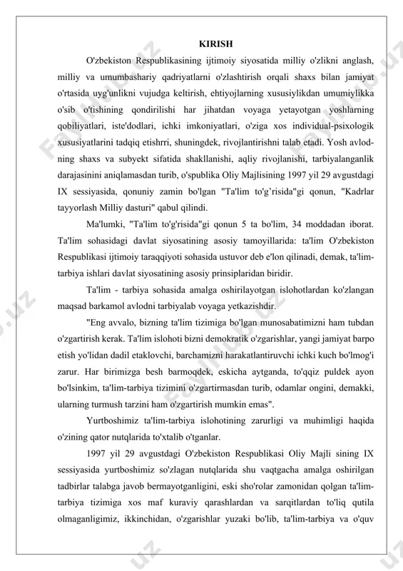 ya tizimini o'zgartirmasdan turib, odamlar ongini, demakki, ularning turmush tarzini ham o'zgartirish mumkin emas". yurtboshimiz ta'lim-tarbiya islohotining zarurligi va muhimligi haqida o'zining qator nutqlarida to'xtalib o'tganlar. 1997 yil 29 avgustdagi o'zbekiston respublikasi oliy majli sining ix sessiyasida yurtboshimiz so'zlagan nutqlarida shu vaqtgacha amalga oshirilgan tadbirlar talabga javob bermayotganligini, eski sho'rolar zamonidan qolgan ta'lim-tarbiya tizimiga xos maf kuraviy qarashlardan va sarqitlardan to'liq qutila olmaganligimiz, ikkinchidan, o'zgarishlar yuzaki bo'lib, ta'lim-tarbiya va o'quv jarayonlarining tarkibini, bosqislarini bir-biri bilan uzviy bog'lash, ya'ni uzluksiz ta'lim-tarbiya tizimini tashkil qilish muammolarini yechib bermaganligi, uchinchidan, bizning amaldagi ta'lim-tarbiya tizimimiz bugungi zamonaviy, taraqqiy topgan demokratik davlatlar talablariga javob bera oimasligi... kabilar ham bu islohotni zarurligini ko'rsatdi. shu munosabat bilan yurtboshimiz "barkamol avlod — o'zbeklston taraqqiyotining poydevori" mavzusida so'zlagan nutqida ta'lim-tarbiya tizimida islohotlar o'tkazish zarurati va omillarini asoslab berdilar. hozirgi kunda respublikamizda barcha ta’lim sohalariga kata e’tibor berilmoqda. xususan kimyo sanoati va ushbu fanni o’qitish jadal suratlar bilan rivojlantirilmoqda. ta’lim …