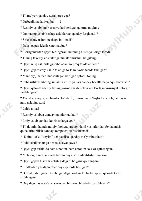 adi? ? ilmiy uslub qanday ko`rinishlarga ega? ? til tizimini hamda nutqiy faoliyat jarayonida til vositalaridan foydalanish qoidalarini bilish qanday kompеtеntlik hisoblanadi? ? “doim” so`zi “doyim” dеb yozilsa, qanday mе’yor buziladi? ? publitsistik uslubga xos xususiyat qaysi? ? qaysi gap tarkibida ham sinonim, ham antonim so`zlar qatnashgan? ? mubolag`a so`zi o`rnida ba’zan qaysi so`z ishlatilishi mumkin? ? qaysi gapda tushum kelishigidagi ot belgisiz qo`llangan? ? sifatlardan yasalgan otlar qaysi qatorda berilgan? ? bordi-keldi tugadi . ushbu gapdagi bordi-keldi birligi qaysi qatorda to`g`ri izohlangan? ? quyidagi qaysi so‘zlar xususiyat bildiruvchi sifatlar hisoblanadi? ? bir narsa-buyum xususiyatiga ega emaslik belgisini bildiruvchi sifatlar yasovchi -siz qo‘shimchasi quyidagi qaysi qo‘shimchalarga zid ma’noli (antonim) qo‘shimcha hisoblanadi? ? qaysi qatorda sifat otlashmagan? ? qaysi qo‘shimchalar rang-tus sifatlarigagina qo‘shilib, belgining me’yordan ozligini ifodalaydi? ? qaysi qatordagi gap tarkibida ot+ot tipidagi qo`shma sifat berilgan? ? qaysi gapda juft fe’llardan hosil qilingan ravish mavjud? ? faqat birlikda qo‘llaniladigan otlar …