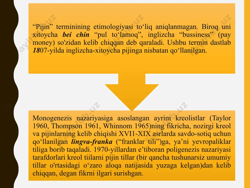 li sifatida qo‘llanilishi mumkin. bunday holatda pijin yangi avlod uchun nafaqat yagona, balki o‘z ona tili maqomiga ega bo‘lgan til hisoblanadi. mazkur jarayon pijinning mahalliylashuvi yoki kreolizasiya, deb nomlanadi. aloqaviy tilning yangi rivojlanish bosqichiga kreol yoki kreol til deyiladi. “kreol” terminining kelib chiqishi braziliyada qo‘llanilgan, dastlab “amerikada tug‘ilgan afrikalik qul” ma’nosini ifodalagan portugalcha crioulo so'ziga bog‘lanadi. pijinlar turli ijtimoiy sharoitlarda, masalan, yevropaliklarning dengiz sohillaridagi mustamlakalari, plantatsiyalardagi metis (duragay) oilalarida, shuningdek, yangi dunyo sharoitlaridagi qochoq qullar (marunlar)ning afrika an’analarida kreollashishi mumkin. aloqaviy tilning rivojlanishi natijasida uning lug‘at boyligi ortadi, fonetik va grammatik tizimi murakkablashadi. bu jarayon turli xil kreollarda o‘ziga xos xususiyatlarga ega bo‘lgan. masalan, port shaharlarda yuzaga kelgan kreol tillarga leksifikator tillarning ta’siri kuchli bo‘lgan. yoki aksincha, marunlar (qochoq qullar) tilida so‘z boyligining kengayishi va grammatik vositalarning murakkablashuvida afrika mahalliy tilining izi yaqqol ko‘zga tashlangan. plantatsiyalardagi qullarga egalik sharoitida aloqaviy tillarning oilaviy muloqot tiliga aylanishi tezlashgan. rivojlangan muloqot tillarining shakllanishi …