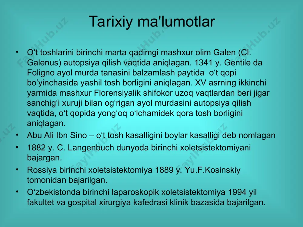 lgan peritonit, jigar yetishmovchiligi, jigar va diafragma osti sohasining abssesslari. konservativ davolash operativ davolash dieta spazmolitiklar antibiotiklar infuzion va detok-sikatsion muolaja simptomatik muolaja ochik usulda xoletsistektomiya, laparoskopik xoletsistektomiya, xoledoxolitotomiya, papillosfinkterotomiya, xoletsisto- va xolangiostomiya, xoledoxoduadeno-anastomoz xoledoxolitiaz. mexanik sariqliq papillotomiya retrograd papillosfinkterotomiya turlari chegaralangan papillosfinkterotomiya subtotal yoki total papillosfinkterotomiya endoskopik yo‘l bilan xoledoxdan toshni olib tashlash dormia savatchasi yordamida toshni olish dormia savatchasi (endosurat) fogarti zondi yordamida toshni olish ilmoq yordamida toshni olidh o‘t yo‘li strikturasi xoledox terminal qismi strikturasida dilataciya transduodenal papillosfinkterotomiya. xoledoxga drenaj o‘rnatish usullari vishnevskiy kert ker xolsted laparoskopik xoletsistektomiya laparoskopik xoletsistektomiya o‘t qopi punksiyasi elementlarni ajratish o‘t yo‘lini klipslash o‘t yo‘lini kesish arteriyani ajratish xoletsistektomiya ochiq usuldagi xoletsistektomiya bo‘yinchasidan va tubidan xoletsistektomiya ochiq xoletsistektomiya xoledoxoduodenostomiya yurash usuli flerken finsterer e’tiboriz uchun raxmat medical illustration