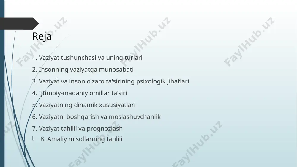 akllantirishda muhim rol o'ynaydi. kognitiv jarayonlar, masalan, fikrlash va qaror qabul qilish, vaziyatlarga moslashishga yordam beradi. motivatsiya va ehtiyojlar insonning vaziyatga bo'lgan munosabatini belgilaydi. shaxsiyat xususiyatlari, masalan, o'ziga ishonch va mustaqillik, vaziyatlarga bo'lgan munosabatni shakllantiradi. emotsional aql insonning vaziyatlarga moslashishiga yordam beradi. ijtimoiy qo'llab-quvvatlash insonning qiyin vaziyatlardan chiqib ketishiga yordam beradi. o'z-o'zini boshqarish qobiliyati vaziyatlarga moslashishda muhimdir. vaziyatning psixologik ta'siri insonning salomatligiga ta'sir qiladi. psixologik jihatlar ijtimoiy-madaniy omillar insonning vaziyatga munosabatini shakllantirishda muhim rol o'ynaydi. madaniy qadriyatlar va urf-odatlar vaziyatlarga bo'lgan munosabatni belgilaydi. ijtimoiy normalar va qoidalar insonning xulq-atvorini boshqaradi. ijtimoiy guruhga mansublik insonning vaziyatga bo'lgan munosabatini shakllantiradi. ta'lim va tarbiya insonning vaziyatlarga moslashuvchanligini oshiradi. ijtimoiy-iqtisodiy sharoitlar insonning hayot sifati va vaziyatlarga munosabatini belgilaydi. kommunikatsiya va axborot almashinuvi insonning vaziyatlarni tushunishiga yordam beradi. ijtimoiy muhit insonning shaxsiy rivojlanishi va vaziyatlarga moslashishiga ta'sir qiladi. madaniy xilma-xillik insonning turli vaziyatlarga munosabatini boyitadi. ijtimoiy-madaniy omillar vaziyatlar doimo o'zgarib turadi va ularning dinamikasi insonning …