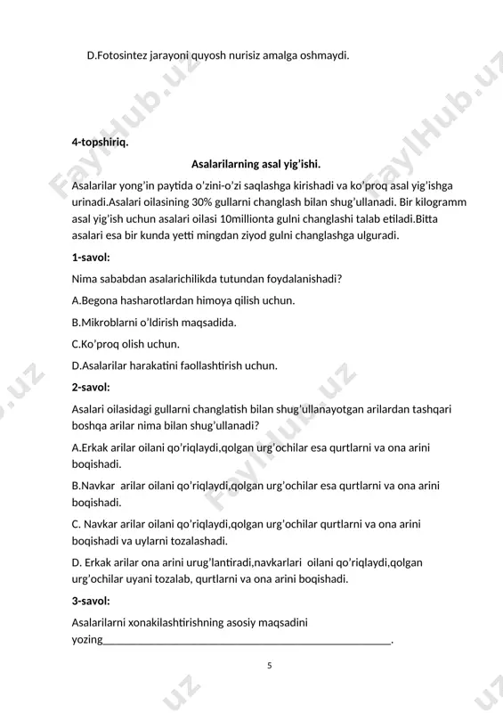 nuvi faol kechadi. b.qanot qoqishi ham tez bo’ladi. c.shu vaqt ichida 100martadan ko’p ovqatlanadi. d.umuman dam olmaydi va uxlamaydi. 3-savol: kolibriga uchun xos bo’lgan,boshqa qushlarda uchramayduigan xususyatni yozing________________________________________. 4-savol: quyidagi izohlarga to’g’ri yoki noto’g’ri deb javob bering. kolibri qushi ovqatlanganda ham qanot qoqib turadi. to’g’ri/noto’g’ri. tanasida moddalar almashinuvi faolligiga sabab ,u ko’p vaqtini havoda o’tkazadi. to’g’ri/noto’g’ri. qushning uzun tumshug’i nektar bilan oziqlanishga moslashgan. to’g’ri/noto’g’ri. kolibri qushi 1 sutkada 100 martalab ovqatlanadi. to’g’ri/noto’g’ri. bu qush o’zbekistonda ko’plab uchraydi. to’g’ri/noto’g’ri. kolibri qushi chang bilan oziqlanishi sababli hosil mo’l bo’ladi. to’g’ri/noto’g’ri. 9 image4.jpeg image5.jpeg image6.jpeg image1.jpeg image2.jpeg image3.jpeg