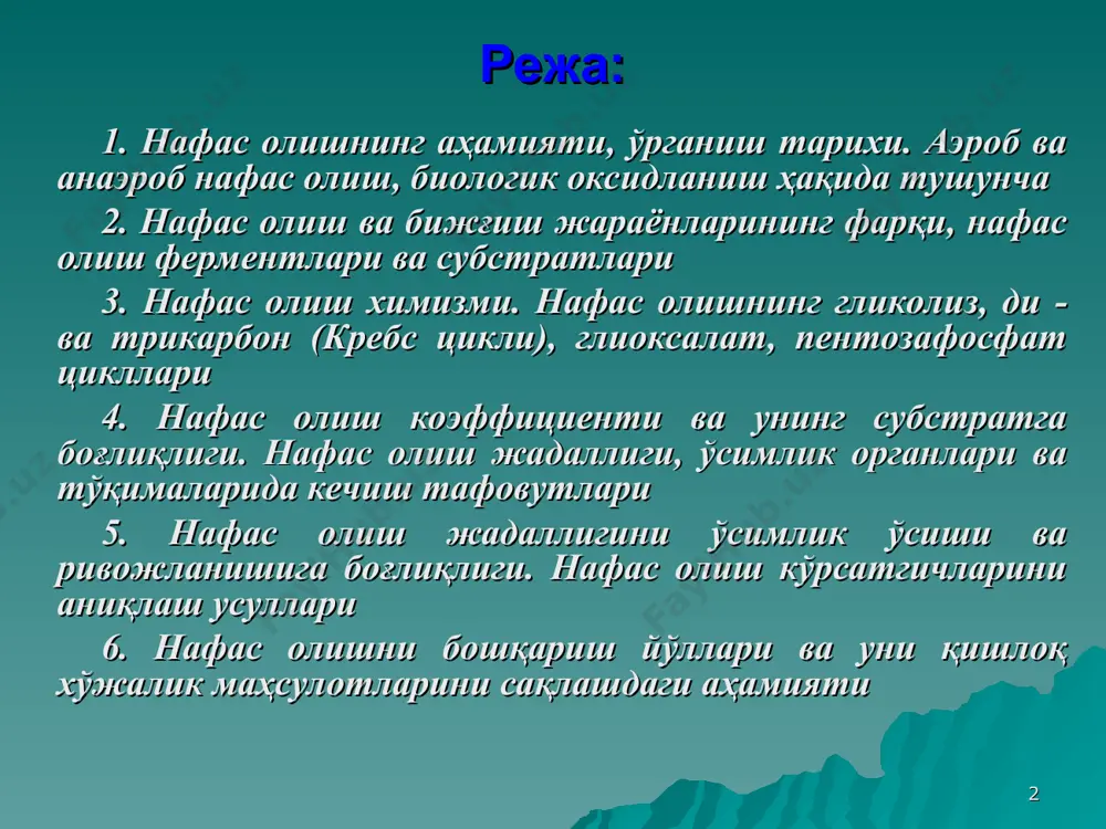 унинг фикрича, ҳаводан қабул қилиб олинган кислород тўғридан тўғри ва бевосита органик моддаларни оксидлай олмайди. чунки молекула шаклидаги кислород “инерт” бирикма бўлиб, у фаол атом ҳолатига ўтгандан кейингина органик моддаларни оксидлаши мумкин бўлади. * и.в.палладин 1911 йилда органик моддаларнинг анаэроб шароитда оксидланиш назариясини ишлаб чиқди. унинг фикрича, тирик организмларда сув ва органик моддалар таркибидаги водородни ажратиб олувчи бирикмалар бўлиши керак. ўзига водородни бириктириб олувчи моддаларни и.в.палладин “нафас олиш пигментлари” деб атади. нафас олишда ўсимликлар тўқимасидан ёруғлик ажралиб чиқишини а.г.гурвич аниқлаган. * ўсимликларнинг илдизлари ёки уруғи сув остида қолганда анаэроб нафас олиш жараёни кузатилади. кислородсиз нафас олишда ўсимликлар тўқимасида спирт ҳосил бҳлишини ҳисобга олиб, академик с.п.костичев бу жараённи анаэроб нафас олиш жараёни деб атаган. сувда яшашга мослашган ўсимликларда махсус тўқималарда тўпланган кислород ҳисобига нафас олиш жараёни тўхтовсиз давом этади. * ўсимликларнинг ҳайвон ва одамларникига ўхшаш махсуснафас олиш аъзолари мавжуд эмас, лекин уларнинг барча тирик ҳужайралари таркибидаги митохондриялар нафас олиш аъзоси ҳисобланади. …