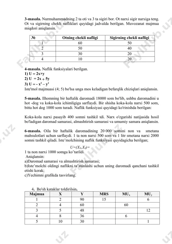 ik funksiyasi berilgan u=xy. iste’molchi daromadi 1200 somga, tovarlar narxi esa 30 som va 40 somga teng bo'lsa, muvozanat tovarlar majmuasi va naflik qiymati aniqlansin. maksimal naflik qiymati u = 20 × 15 = 300 2-masala. naflik funksiyasi u = xy. y tovar narxi 2 som, iste’molchi daromadi 40 somga teng. x tovarning narx 5 somdan, 4 somga pasaydi. berilgan shartdan foydalanib almashtirish samarasi, daromad samarasi va umumiy samara topilsin. x= 4 va y =10. birinchi naflik u= 40 birinchi befarqlik chizig'i tenglama orqali izohlanadi. narx px= 4 som bo'lganda 2y+ 4x = 40ga teng bo'ladi. u2 = 10×5=50 birinchi naflikni ta’minlovchi y va x qiymatlarini topamiz. c = 35,8; y=8,95; x=4,47 daromad samarasi (5-4,47) =0,53 almashtirish samarasi (4,47-4) =0,47 umumiy samara (5-4) =1 ikkinchi usulda birinchi befarqlik chiziq tenglamasi, ya’ni hosila olib, uni yangi narxlar nisbatiga tenglashtiramiz. 3-masala. nurmuhammadning 2 ta oti va 3 ta sigiri bor. ot narxi …
