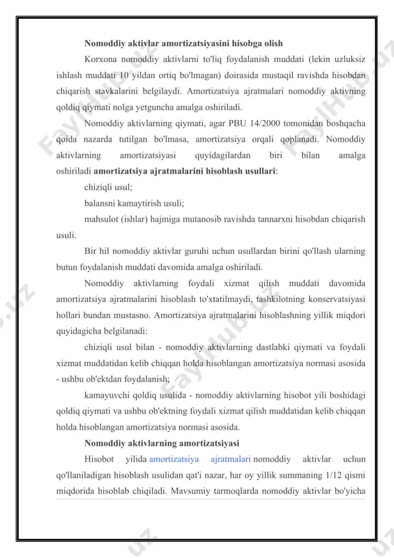 tining amortizatsiyasi nomoddiy aktiv 9000 91-2 4. kechiktirilgan daromadlarni hisobga olishning dolzarb muammolari asosiy vositalarning eskirish balli 05 nomoddiy aktivlarning eskirishi - nomoddiy aktivlar ob'ektining asosiy fondlari ob'ektining amortizatsiyasi d-t ball 98 hisoblanadi. 5. sof foyda va sof pul oqimi o’rtasidagi bog’liqlik tahlili nomoddiy aktivlarning hisoblangan amortizatsiyasi summasi 54 085 64 038 80 622 9 953 16 584 qoldiq qiymati 6. korxonaning nomoddiy aktivlaridan foydalanish samaradorligini tahlil qilish amaliyoti nomoddiy aktivlar va 05 nomoddiy aktivlarning amortizatsiyasi to'g'risidagi hisobot amortizatsiya hisob-kitoblari sertifikatlari litsenziyalar tashkilotga tegishli patentlar. qonunchilik bazasi rossiya federatsiyasi fuqarolik kodeksi 7. innovatsion iqtisodiyot kontekstida kompaniyaning nomoddiy aktivlarini tahlil qilish, hisobga olish va baholash cie nma 26 umumiy joriy xarajatlar 05 nomoddiy aktivlarning amortizatsiyasi 8. tashkilot foydasini boshqarishning asosiy jihatlari nomoddiy aktivlarning amortizatsiyasi asosiy vositalarning eskirishi 5 3. foiz solig'i va amortizatsiya tushumidan oldingi foyda 9. moliyaviy tahlil qilish maqsadida korxonaning aylanma mablag'larini tadqiq qilish nomoddiy aktivlar 04 ilmiy-tadqiqot, tajriba-konstruktorlik …