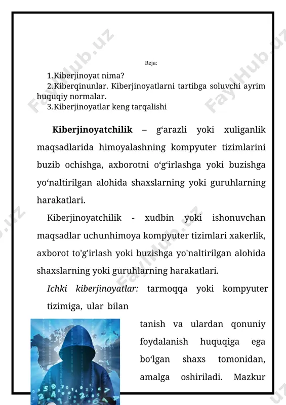 hilik tashkilotning nafaqat moliyaviy yo‘qotishlariga, balki obro‘sining yo‘qolishiga ham sababchi bo‘ladi. hujum tashqaridan amalga oshirilgani bois, hujumchi harakatni tashkilot at infrastrukturasini skaner qilish va unga aloqador ma’lumotlarni to‘plashdan boshlaydi. xususan, malakali buzg‘unchi dastlab tashkilotda foydalanilgan tarmoqlararo ekran vositasining log faylini tahlil qilishdan boshlaydi. shu bois, tarmoq ma’muri mazkur imkoniyatni buzg‘unchiga taqdim etmasligi shart. kiberjinoyat amalga oshirilganida quyidagilar asosiy maqsad sifatida qaraladi: · mablag‘, qimmatli qog‘ozlar, kredit, moddiy boyliklar, tovarlar, xizmatlar, imtiyozlar, ko‘chmas mulk, yoqilg‘i xomashyosi, energiya manbalari va strategik xomashyolarni noqonuniy o‘zlashtirish; · soliq va boshqa yig‘imlarni to‘lashdan bosh tortish; · jinoiy daromadlarni qonunlashtirish; · qalbaki hujjatlar, shtamplar, muhrlar, blankalar, shaxsiy yutuq chiptalarini qalbakilashtirish; · shaxsiy yoki siyosiy maqsadlarda maxfiy ma’lumotlarni olish; · ma’muriyatning yoki ishdagi hamkasblarning g‘arazli munosabatlari uchun qasos olish; · shaxsiy yoki siyosiy maqsadlar uchun mamlakat pul tizimini buzish; · mamlakatdagi vaziyatni, hududiy ma’muriy tuzilishni beqarorlashtirish; · talonchilik, raqibni yo‘q qilish yoki siyosiy maqsadlar uchun muassasa, korxona …