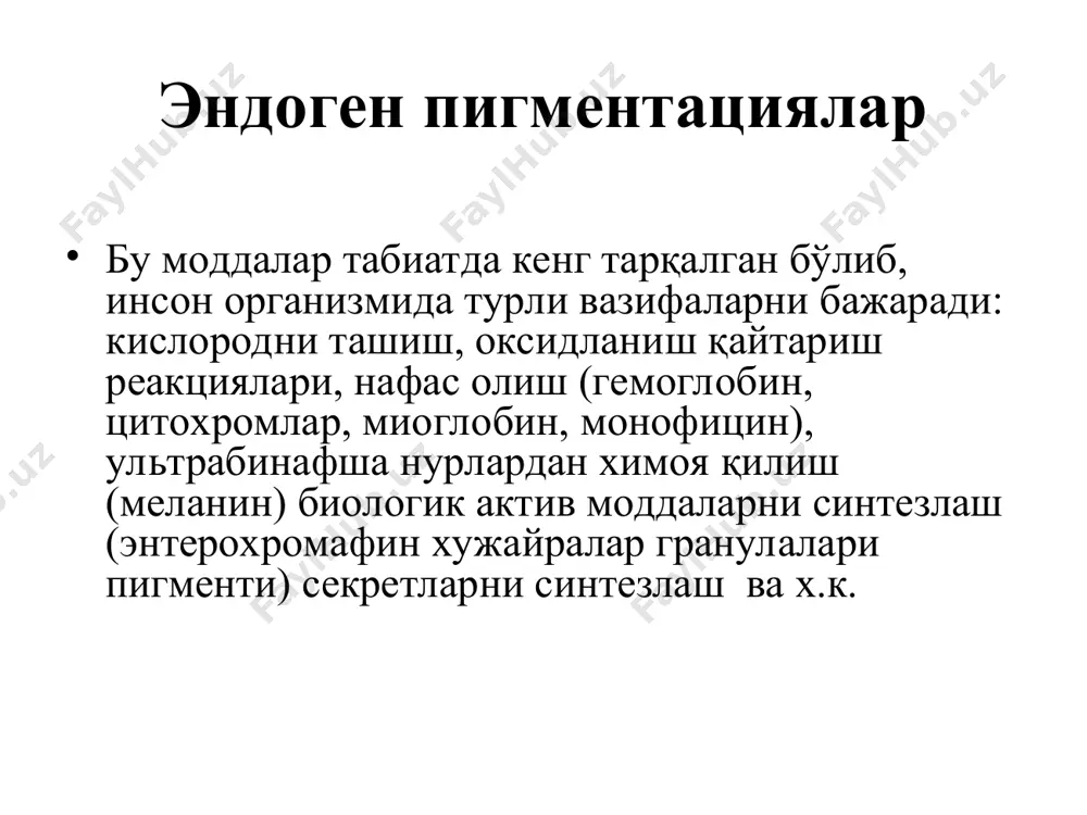 pulpasida to'plangan endogen pigmentatsiyalar gemomelanoz. gemomelanin donachalari jigarning yulduzsimon retikuloendoteliotsitlarida to'plangan endogen pigmentatsiyalar xlorid kislotali gematin (gemin) faqat oshqozonda gemoglbinga oshqozon soki va xlorid kislota ta'sir etganda hosil bo'ladi. pigment rombsimon yoki ignasimon kristallar ko'rinishida. formalinli pigment (gematin) - to'qimalar formalin bilan fiksatsiya qilinganda hosil bo'ladi (rn<5,6), qo'ng'ir rangdagi kristallar yoki donachalar ko'rinishida aniqlanadi. endogen pigmentatsiyalar porfirinlar — gemning o'tmishdoshi, ularning tarkibida temir bo'lmaydi, yopiq tetraperrol xalqali tuzilishga ega. bu pigmentlar terini ultrafiolet nurlarga sezuvchanligini oshiradi va melaninning antogonisti xisoblanadi. odatda porfirinlarning metabolizmi uroporfirinogen iii bosqichi darajasida yakunlanib, keyin gem sintezi reaktsiyalarida qatnashadi. agar uroporfirinogen iii kosintetaza fermenti etishmasa uroporfirinogen iii ning o'tmishdoshlari:- uroporfirinogen i, porfobilin, porfobilinogenlar paydo bo'ladi. normada bu moddalar minimal miqdorda qon va siydikda aniqlanadi gemoglobinogenli pigmentlar almashinuvining buzilishi gemosideroz. gemosiderin, ferritin va bilirubin almashinuvining buzilishidan xosil bo'ladi. bu jarayon eritrotsitlarga patogen omil ta'sir etganda gemolizning kuchayishidan ro'y beradi. gemosideroz xam tomirichi (umumiy gemosideroz), xam tomirdan tashqari(maxalliy …