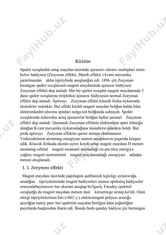 larning quramalı túrlerin baqlaw ushın kúshlilew (40 ooo e ga jaqın ) magnit maydanları hám kúshlilew spektral apparatlar (ajrata alıw kúshi 300 000- 400 000 shamasıda ) isletiwge tuwrı keledi. geyde tájiriybe bir neshe saat dawam etkeni ushın magnit waqıt ótiwi menen magnit maydanın mudamǵı etip turıwı kerek, ajrata alıw kúshi úlken bolǵan spektral apparat isletiw ushın temperatura derlik bir dárejede turıwı kerek. eń ápiwayı spektral sızıqlarǵa, mısalı, n, v 2n, cd larning birpara sızıqlarigaoid nátiyjeler 31. 2-súwret. zeeymanning ápiwayı (normal ) effekttiń sxematik suwreti. a- maydan bolmaǵan halda sızıq qutblanmagan; b - maydan tásir jetip atırǵan halda kese effekt v- maydan tásir jetip atırǵan halda bóylama effekt. tómendegiden ibarat. magnit maydanı bolmaǵan waqıtta chastotası v bulgan chizik; magnit maydanında maydan boylap baqlawda chastotaları v+ v hám v v- v bolǵan dublet formasında kórinedi bundaǵı birinshi sızıq shep sheńber boylap, ekinshisi oń sheńber boylap qutblanadi; maydanǵa kese baqlawda bul sızıq …