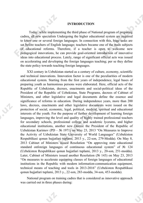 of highly trained professional teachers for secondary schools, professional college and academic lyceums, and higher educational institutions, another new decree the president of the republic of uzbekistan karimov (pd – № 1971) on may 23, 2013 “on measures to improve the activity of uzbekistan state university of world languages” (uzbekiston respublikasi qonun hujjatlari tuplami, 2013 y., 22-son, 279-modda). on may 8, 2013 cabinet of ministers issued resolution “on approving state educational standard onforeign languages of continuous educational system” of № 124 (uzbekiston respublikasi qonun hujjatlari tuplami, 2013 y., 20-son, 251-modda). later, cabinet of ministers issued another resolution (№ 143) on may 23, 2013 “on measures to accelerate equipping classes of foreign languages of educational institutions in the republic with modern information-communication equipment, technical means of teaching and tools in 2013-2016” (uzbekiston respublikasi qonun hujjatlari tuplami, 2013 y., 22-son, 283-modda, 34-son, 453-modda). national program on training cadres that is considered as …