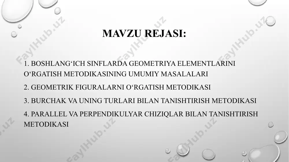 o‘laklarga ajratish doira va aylana. аylana markazi, radiusi, diametri. sirkul ikkita aylananing tekislikda o‘zaro joylashuvi 1-sinfda geometriyaga oid boshqa mavzular simmetriya bo‘laklardan butunni, butundan bo‘laklarni hosil qilish turli shakllar yasash 2-sinf geometrik figuralarni o‘rgatish metodikasi hamma shakllar bir so‘z bilan qanday nomlanadi? 1) 2) 3) 4) har bir shaklda nechtadan uchburchak bor? burchak va uning turlari bilan tanishtirish metоdikasi to‘g‘ri va to‘g‘ri bo’lmagan burchaklar: burchak gradusi yoyiq burchak 180° ga, to‘g‘ri burchak esa 90° ga teng. o‘tkir burchaklar 90° dan kichik. 90° dan 180° gacha burchaklar o‘tmas burchaklardir. o‘tmas burchak to‘g‘ri burchak o‘tkir burchak 3-sinf. uchburchaklarning turlari uchala tomoni teng bo‘lgan uchburchak teng tomonli uchburchak deyiladi. ikki tomoni teng bo‘lgan uchburchak teng yonli uchburchak deyiladi. hamma tomoni turlicha bo‘lgan uchburchak turli tomonli uchburchak deyiladi. uchala tomoni teng bo‘lgan uchburchak teng tomonli uchburchak deyiladi. ikki tomoni teng bo‘lgan uchburchak teng yonli uchburchak deyiladi. hamma tomoni turlicha bo‘lgan uchburchak turli tomonli uchburchak …