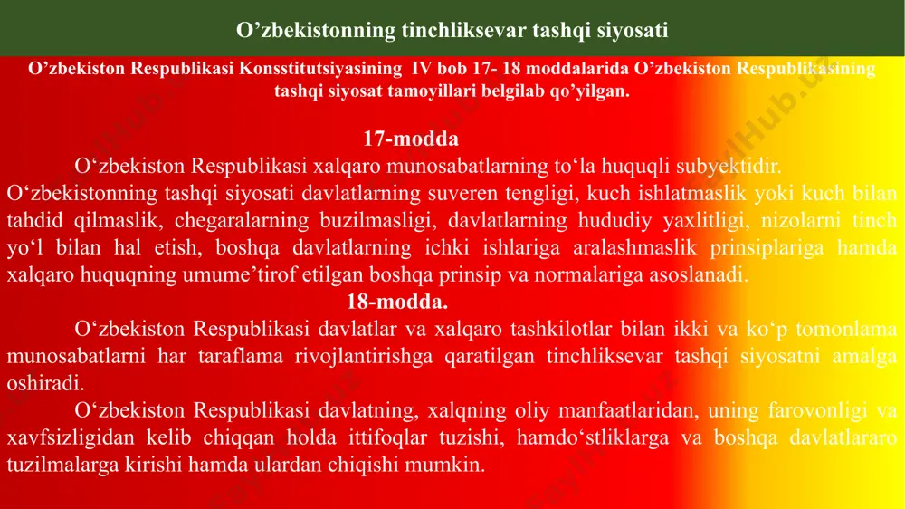 dan soʻng, masala bosh assambleyaga yuboriladi, unda kirish toʻgʻrisidagi rezolyutsiyaning uchdan ikki qismi koʻpchilik ovozi talab qilinadi. yangi davlat bosh assambleya rezolyutsiyasi qabul qilingan kundan boshlab bmtga aʼzo boʻladi birlashgan millatlar tashkilotiga a’zo bo’lish tartibi o'zbekiston prezidentlarining bmt bosh assambleyasida so’zlagan ma’ruzalari 1993 yilda o‘tgan bmt bosh assambleyasining 48-sessiyasi ilk bor islom karimov 1993 yil nyu-yorkdagi bosh qarorgohda nutq so‘zlagandi. unda 1-prezidentimiz markaziy osiyoni yadro qurolidan xoli hududga aylantirish taklifini ilgari surgan. buning amaliy natijasi o‘laroq, 2009 yil 20 martda "markaziy osiyoda yadro qurolidan xoli hudud barpo etish to‘g‘risida"gi shartnoma kuchga kirdi. 1995 yilda bmt tashkil etilganiga 50 yil to‘lgani munosabati o‘tgan sessiya oktyabr oyida tashkil etilgan mazkur yirik tadbirda islom karimov ishtirok etgan va nutq so‘zlagan. ana shunda mamlakat sobiq rahbari qo‘shni afg‘oniston muammosiga konstruktiv yondashish kerakligini ta'kidlab, o‘z fikrlarini bildirgandi. 2000 yilda bmt bosh assambleyasi ning "ming yillik sammiti"da islom karimov xalqaro terrorizm va narkobiznes bilan bog‘liq muammolarni …