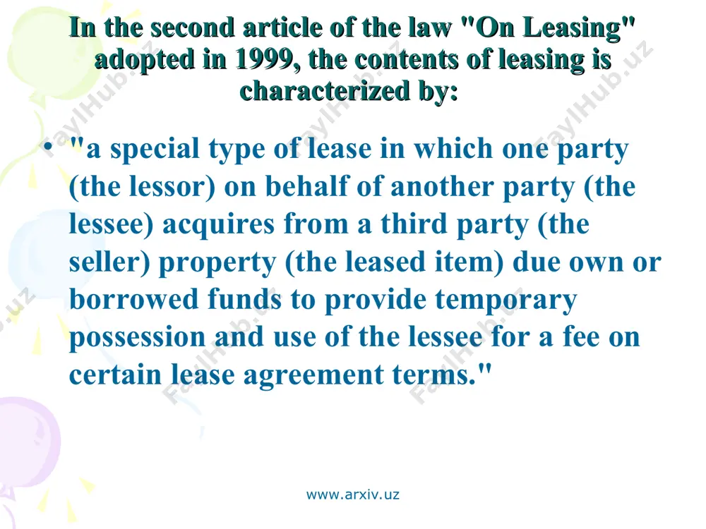 e adoption of legal instruments for the organization of leasing operations. the main document which laid the foundation of leasing relations in the country became the civil code of the republic of uzbekistan, which was adopted in two parts in 1995-1996. legal basis of leasing are reflected in the second part of paragraph 6 of the civil code, where the lease is referred to as a financial renting. the civil code of the republic of uzbekistan leasing allotted 14 articles with 587 by 589. in particular, article 587 emphasized that the lease agreement provides for the lease as a financial renting and the use own funds of a lessor to buy the leased facility. a characteristic feature of the leasing business is that software leasing transaction is usually the object of leasing, which for the duration of the lease agreement remains the property of the lessor. the main types of …
