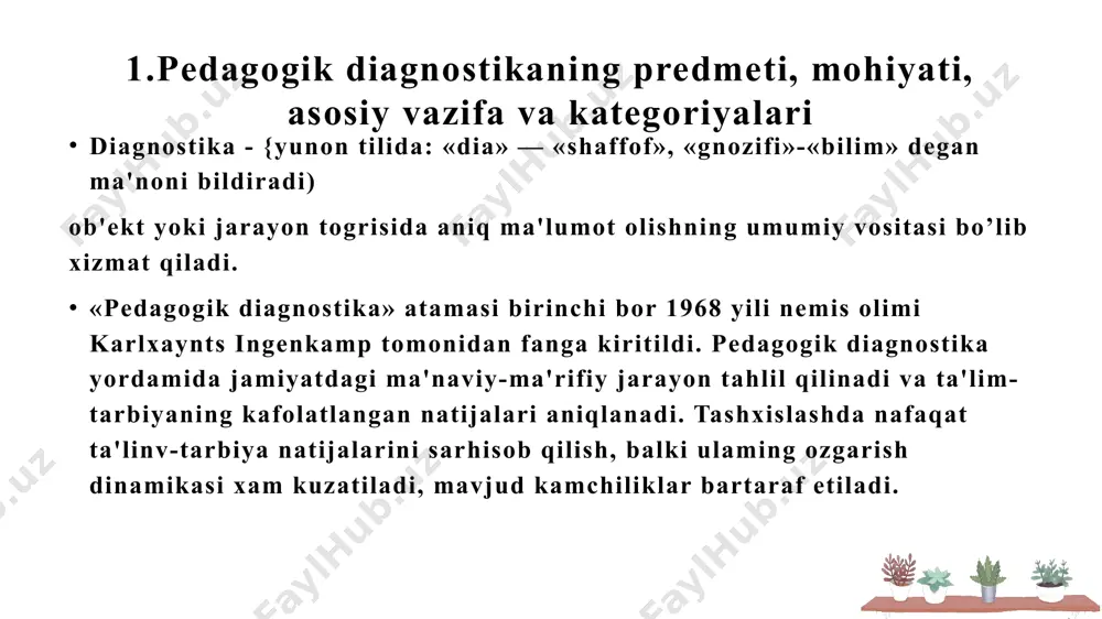 t shu sinaluvchi guruhning o'zigagina xos xususiyatlar emasligini aniqlash uchun lozim bo'ladi. natijaning aniqligini, barchaga xosligini tekshirish uchun shu tadqiqotni boshqa sinf, guruh, jamoa yoki o'quv maskanida ham o'tkazib ko'rish kerak. o’qituvchining diagnostik faoliyati quyidagilarda namoyon bo’ladi: o’quvchilarga bilim, ko’nikma, malakalami (bkm) rivojlantirishga yordam beradi; turli xil yo’nalishdagi reja (strategiya)lami qanday qo’llash kerakligi bo’yicha maslahat beradi; faol qayta aloqani ta’minlaydi; noan’anaviy usullar bilan o’quvchi laming harakatlarini qo’llaydi va mustahkamlaydi; o’quv faoliyatidagi qiyinchiliklami yengishga yordam beradi; o’quv faoliyatini individuallashtirishga yordam beradi; o’quvchilaming o ’quv jarayonidagi ehtiyojlarini tahlil qiladi. kasbiy faoliyatni diagnostika qilish bosqichlari: 1. o’z-o’zmi tahlil qilish va zarur narsalami anglash; 2. o’zini rivojlantirishni rejalashtirish maqsad, vazifa belgilash; 3. o’zini namoyon etish va kamchiliklarini tuzatish. o’qituvchining diagnostik faoliyatidagi maxsus kompetensiyalar: faniga doir maxsus metodlami bilish; ta’limni tabaqalashtirish; o’quvchilar ehtiyojini bilish; turli yosh xususiyatlarini bilish; 3.ta’lim olganlikni tashxis qilish o’quvchi va talabalarning bilimini, aqliy kamolatlarini nazorat qilish va baholash davlat miqiyosida muhim …
