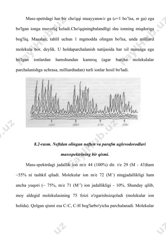 erod atomi yonidan uzilsa, α-parchalanish deyiladi. agar uzilish shu holatga nisbatan ikkinchi va uchinchi uglerod atomlarida sodir bo’lsa, bu muvofiq ravishda β- va γ- parchalanishdir. neft va gaz mahsulotlaridan olingan organik birikmalarni tuzilishini o‘rganishda mass-spektrometriyani qo’llash. alkanlar. gazlardan ajratib olingan alkan molekulasidan elektron ajratib chiqarish uchun ancha ko‘p energiya talab qilinadi. chunki hosil bo’ladigan molekular ionni barqaror qiluvchi omillar alkanmolekulasida deyarli kam. bu hoi m+ ning fragmentlanishini judaosonlashtiradi. normal alkanlarda molekular ionning va katta fragmentlarningjadallikligi kam, (c2h5)+, (c3h7)+, (c4h9)+, (c5h11)+ kabitoq massa va juft elektronli kichik fragmentlarning jadallikligi esa yuqori bo’ladi. ko'pchilik c2 — c12 uglevodorodlaming spektrlarini o'rganib, faqat etan va 3,4-dimetilgeksandagina (c2h4)+, (c4h8)+ - kabi toqelektronli juft massali fragmentlarning hosil bo’lishi kuzatilgan.tarmoqlangan zanjirli alkanlar uchun quyidagi qonuniyatlar xos: 1) tarmoqlanish bog’ uzilishini osonlashtiradi, shunga ko'ratarmoqlanish darajasi ortib borishi bilan molekular ionning jadallikligikamayib boradi. 2) uzun zanjirli katta fragmentlarning hosil bo’lish ehtimolligikatta. haddan tashqari ko'p tarmoqlangan uglevodorodlar spektridamolekular ion bo'lmaydi …