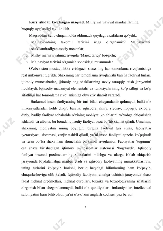 rganishdan boshlanmog’i zarurdek ko’rinadi. darhaqiqat, har bir insonning ma’naviy dunyosi o’ziga xos hududsiz bir olam. ammo har bir inson muayyan bir jamiyatda, muayyan bir insonlar jamoasi ichida yashaydi, muayyan bir millatga mansub bo’ladi. tabiiyki, har bir alohida inson o’sib-ulg’ayar ekan, unga atrof- muhitidayashayotgan insonlarning ta’siri bo’ladi. insonning ma’naviy kamoloti ayni shu muhitning ta’siridan bosh-lanadi. har bir shaxs, o’zi buni chuqur idrok qiladimi, yo’qmi, qat’i nazar, biror elat yo millatga mansub bo’lmay iloji yo’q, hech bir inson eldan butkul ajralib yashamaydi. prezidentning g’oyatda hikmatli iborasi bilan aytganda,har bir inson “o’zini xalqining bir zarrasi deb sezgandagina, u haqda o’ylab, mehnat qilib yashagandagina ma’naviyat bilan tutashadi”. buning ma’nosi, shaxs ma’naviyati voqelikda millat ma’naviyatidan ayru, undan tashqarida bo’lmaydi.1 shunday ekan, millat ma’naviyati haqida muayyan tasavvurga ega bo’lmay turib, alohida shaxs ma’naviyatini ham o’rganish imkondan tashqari. agarchi, tarixan va nazariy jihatdan millat ma’naviyati, tom ma’noda olganda, ushbu millatga qaysidir bir tarzda aloqador hisoblanuvchi o’tmish, bugun …