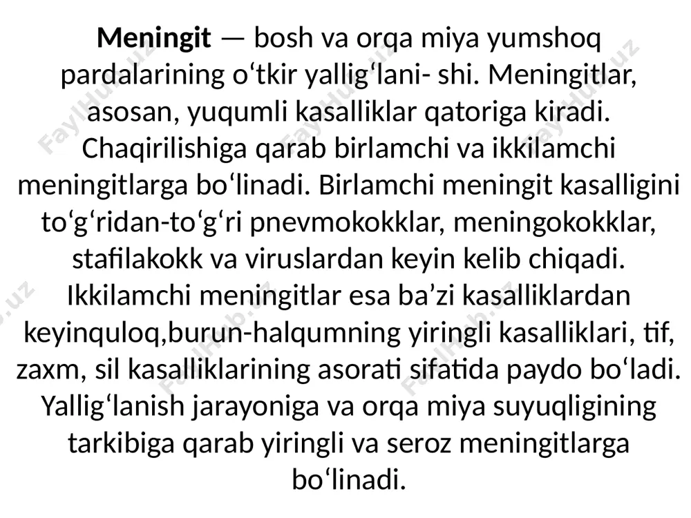 i qorniga tekkizadi. 8. uch oyoq belgisi — bemor qo‘lini orqasiga qilib o‘tirgan vaqtda oyoqlarini tizzasidan bukib oladi yiringli meningit qo‘zg‘atuvchilari meningakokk, pnevmakokk, stafilakokk, streptakokk, salmonellalar, ichak tayoqchalaridir. bolalarda ko‘proq uchraydi, sababi gematoensefal barer to‘liq yetilmagan bo‘ladi. bu meningitlarning qo‘zg‘atuvchilari yuqori nafas yo‘llari orqali organizmga kirib, u yerda ko‘payadi va yuqori nafas yo‘llarining yallig‘lanish belgilarini namoyon qiladi. keyinchalik limfa tugunlarida ko‘payib, qon orqali bosh miya pardalariga boradi. meningit boshqa surunkali kasalliklar (otit, zotiljam, abssess, sepsis) dan keyin ham paydo bo‘ladi. kasallikning yashirin davri 3—5 kun davom etadi. klinik manzarasi. kasallik to‘satdan, o‘tkir boshlanib tana haroratini 39 — 40°c gacha ko‘tarilishi, qusish, titrash, yosh bolalarda sababsiz baqirib yig‘lash paydo bo‘ladi, katta yoshdagilar kuchli bosh og‘riqdan shikoyat qiladilar. bemorning hushi karaxt, ruhiy bezovtalik, alahsirash va og‘ir hollarda hushning yo‘qolish holatlari bo‘ladi. agar yallig‘lanish miyaning tepa qismida (konveksital) bo‘lsa, qaltirash belgilari meningial belgilar bilan kechadi. qaltirash belgilari ko‘proq yosh bolalarda uchraydi. kasallikning 2—3 …