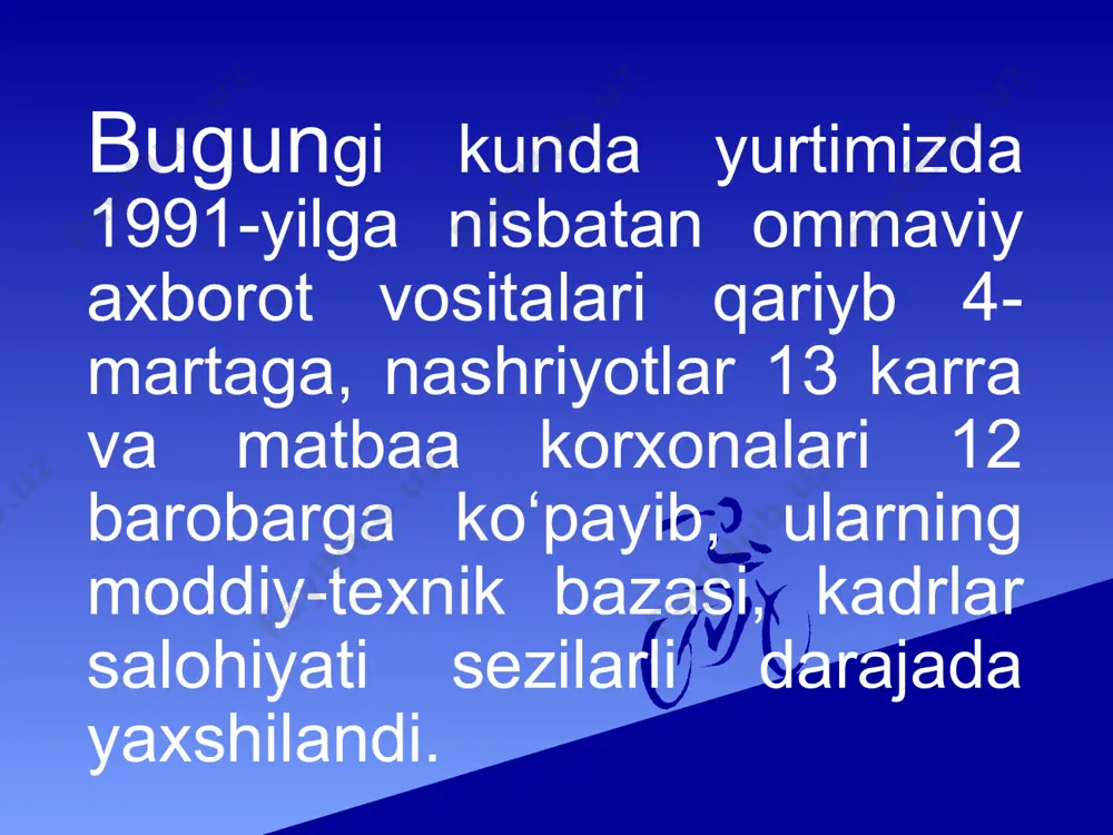 ular haqidagi maʼlumotlarni olish va tarqatish chegaralangan. demokratik mamlakatlarda ommaviy axborot vositalarining faoliyati soʻz erkinligiga asoslangan. oʻzbekiston respublikasining konstitutsiyasida ham alohida moddada ana shu qoida alohida taʼkidlab oʻtilgan. unga koʻra, "ommaviy axborot vositalari erkindir va qonunga muvofiqishlaydi... senzuraga yoʻl qoʻyilmaydi" (67modda). fuqarolar ommaviy axborot vositalarida, jumladan, televideniye va radio, matbuotda oʻz fikrlarini erkin bayon qilishi, soʻzlashi mumkin. erkin fuqarolik jamiyatining qonunchilik va sud amaliyoti soʻz erkinligi suisteʼmol qilinishining oldini olish maqsadida unga nisbatan muayyan cheklashlar tizimini ishlab chiqqan. xususan, jahonning koʻpchilik davlatlarida soʻz erkinligidan qonuniy davlat hokimiyatini zurlik bilan agʻdarish, davlat siri va qonun bilan muhofaza qilinadigan boshqa sirni oshkor kilish, jinoyatlar sodir etishga undash, milliy, irqiy, diniy va boshqa adovatni keltirib chiqarish, boshqa shaxslarni haqoratlash va tuhmat qilish, jamoat axloqi va odobilani buzish maqsadida foydalanish man qilinadi. bu haqda qonunchilikda tegishli yuridik javobgarlik belgilanadi. favqulodda rejim va harbiy holat amal qilayotgan davrda soʻz erkinligini cheklashlar ortishi mumkin oʻzbekistonda soʻz …