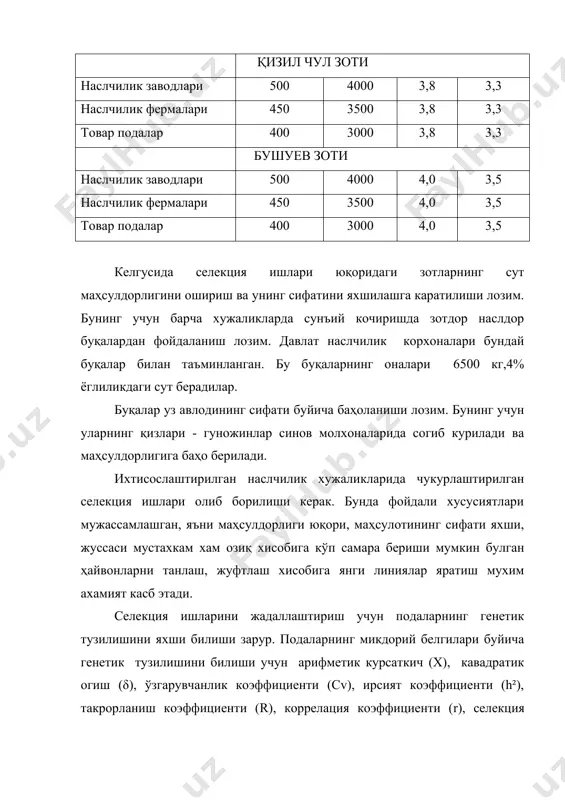 улдорлиги хам ошиб боради. манфий ёки салбий корреляцияда бир белгининг ривожланиши иккинчи белгининг пасайишига олиб келади. масалан: сигирлар сут маҳсулдорлигининг ошиб бориши сутидаги ёг микдорининг кисман камайиб кетишига олиб келади. бундай холларда пасаювчан белгилар учун минимал талаблар куйилиши лозим. кейинги йилларда чорвачиликда ҳайвонларни танлашда селекция индекслари усули кенг кулланилмокда. селекция индекси ҳайвонларни кўп белгилари буйича бирданига танлаш учун ишлатилади. индексларда ҳайвоннинг шахсий маҳсулдорлик курсаткичлари, аждодлари ва якин қариндошлари, болалари сифати буйича баҳолари умумлашган булади. селекция индекслари буйича танлашнинг ахамияти шундаки бунда ҳайвон барча асосий белгилари буйича бирданига баҳоланиб, бу белгиларнинг пасайиб кетишига йул куйилмайди. ҳайвонларни селекция индекслари билан баҳолаш усули дастлаб америка олими лаш томонидан тавсия килинган. 1943 йилда ақш олими хайзел подани тулдирувчи ургочи чўчқаларнинг насл киммати индексини аниклаш учун куйидаги формулани таклиф килган. i = y1 + 0,83 y2 - 1,41y3, бунда ; y1- баҳоланаётган чўчқа боласининг насл маҳсулдорлиги,y2 – баҳоланаётган чўчқанинг 180 кунлигидаги вазни, y3 – чўчқанинг …