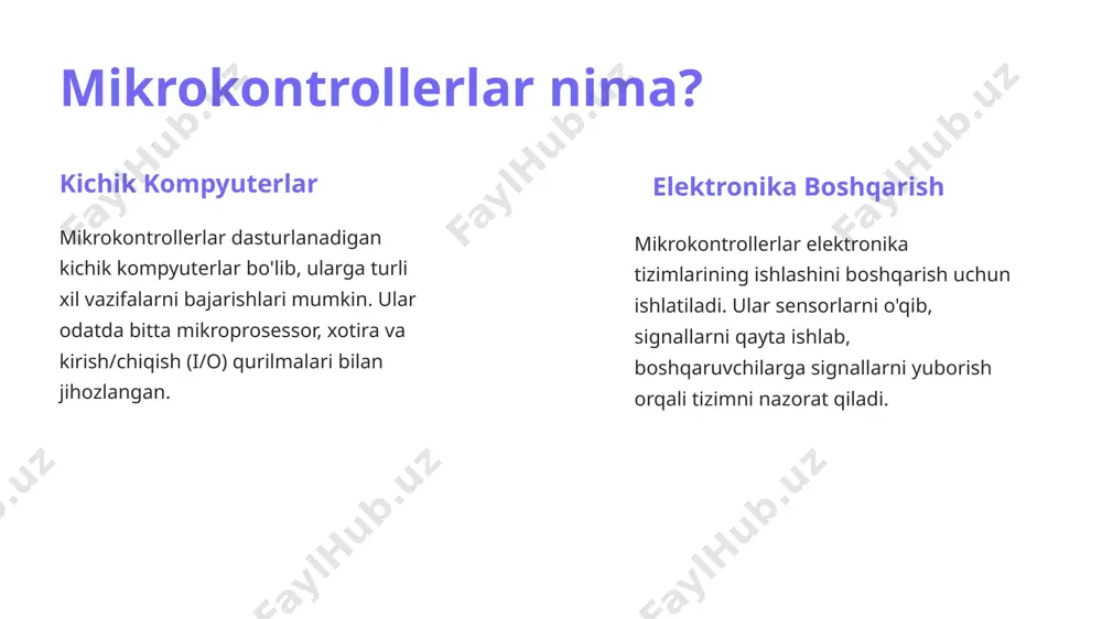 ri 1 ishlab chiqaruvchi turli xil ishlab chiqaruvchilar (atmel, microchip, stmicroelectronics, nxp) mavjud. 2 xotira hajmi dastur va ma'lumotlar uchun kerak bo'ladigan xotira hajmi muhim. 3 i/o qurilmalari talab qilinadigan kirish/chiqish qurilmalari soni va turlari. 4 narxi narxi loyihaning byudjeti va boshqa omillarga bog'liq. mikrokontrollerlarni dasturlash 1 dasturlash tili c, assembly, python va boshqa tillar. 2 dasturlash muhiti arduino ide, mplab x ide, keil uvision va boshqalar. 3 dastur yuklash dasturlarni mikrokontrollerga yuklash. 4 xatoliklarni tuzatish dasturdagi xatolarni topish va tuzatish. mikrokontrollerlar bilan ishlaydigan ba'zi mashhur platformalar 1 arduino boshlang'ich uchun qulay platforma. ko'plab qo'llab-quvvatlovchi resurslar mavjud. 2 raspberry pi kichik kompyuter, mikrokontrollerlar bilan ishlash uchun juda mos. 3 esp32/esp8266 wifi va bluetooth ulanishlari bilan jihozlangan mikrokontrollerlar. 4 stm32 yuqori samaradorlikli mikrokontrollerlar, turli xil loyihalar uchun mos. mikrokontrollerlarning kelajagi mikrokontrollerlar elektronika tizimlarining rivojlanishida muhim rol o'ynaydi. ular yanada kichik, samaraliroq va ko'p funksiyali bo'lib bormoqda. kelajakda ularning ko'proq turli sohalarda …