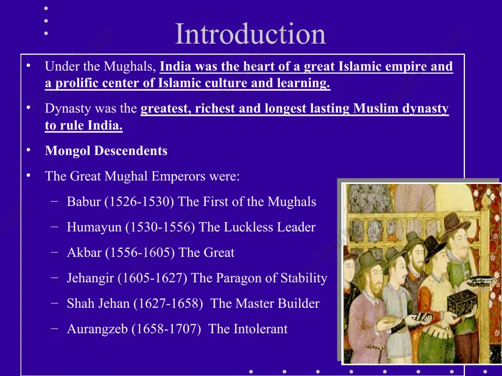 tricts and each district was further sub-divided into smaller sections. best known for tolerance of his subjects (especially hindus) removed poll taxes on hindus invited religious scholars to debate him in his private chambers. developed his own faith call din ilahi. din ilahi was a mixture of the other religions akbar had studied from those debates. religion never caught on jehangir 1605 - 1627 the paragon of stability jehangir succeeded his father akbar in 1605. opposite of his father poor monarch and warrior but good at maintaining the status quo. he continued many of akbar’s policies. freedom of worship. fair treatment of hindus. continued friendship and alliance with rajputs. allowed foreigners like the portuguese and english into india for trade. jehangir married nur jahan. she became the real ruler of the empire until the death of her husband. jehangir issues (specific) under the influence of his wife and many others, …