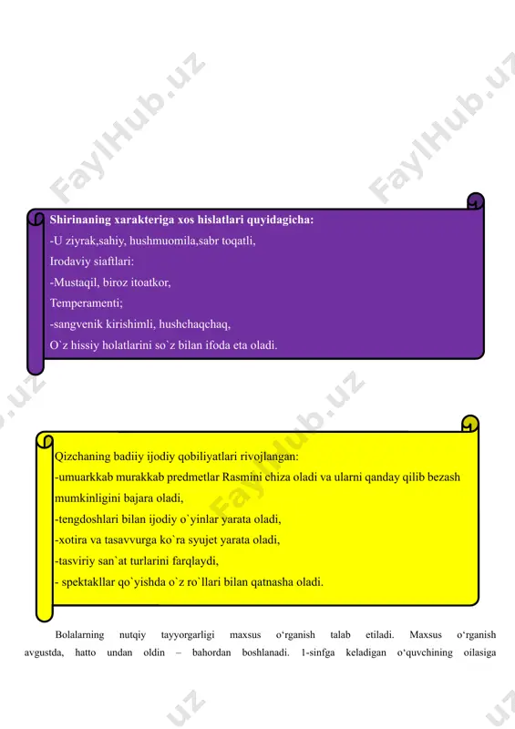 ing rivojlanishi. 5. ijodiy rivojlanish. mazkur 5 ta yo‘nalish 0 yoshdan 7 yoshgacha bo‘lgan bolalarning o‘z-o‘ziga xizmat ko‘nikmalarining shakllanishi, nutq, o‘qish va savodga tayyorlash darajasini, atrof-olam haqidagi tushunchalarni va qo‘yilgan talablarni egallashi uchun asosiy omil hisoblanadi. xulosa o`rnida aytish joizki ushbu tarbiyalanuvchi bola maktab ta`limiga tayyor deb hisoblasak xato qilmaymiz. chunki bu bola yuqoridagi talab doiralariga to`g`ri keladi, u maktab yoshiga yetgan bolalarda bo`lishi kerak bo`lgan barcha hislatlarga diyarli ega. uning nutqi ravon, harflarning barchasini to`g`ri talafuz qila oladi. so`z boyligi yaxshi.bolaning kirishimliligi, aqlliligi, odob va axloq doira judayam yaxshi rivojlangan. unda tez ilg`ay olish, savollarni tushunish va aqlan o`ylab javob berish, erkin fikrlay olishi, o`z fikrini boshqalarga tushuntira olishi judayam yaxshi. image6.jpeg image1.png image2.jpeg image3.png image4.png image5.png