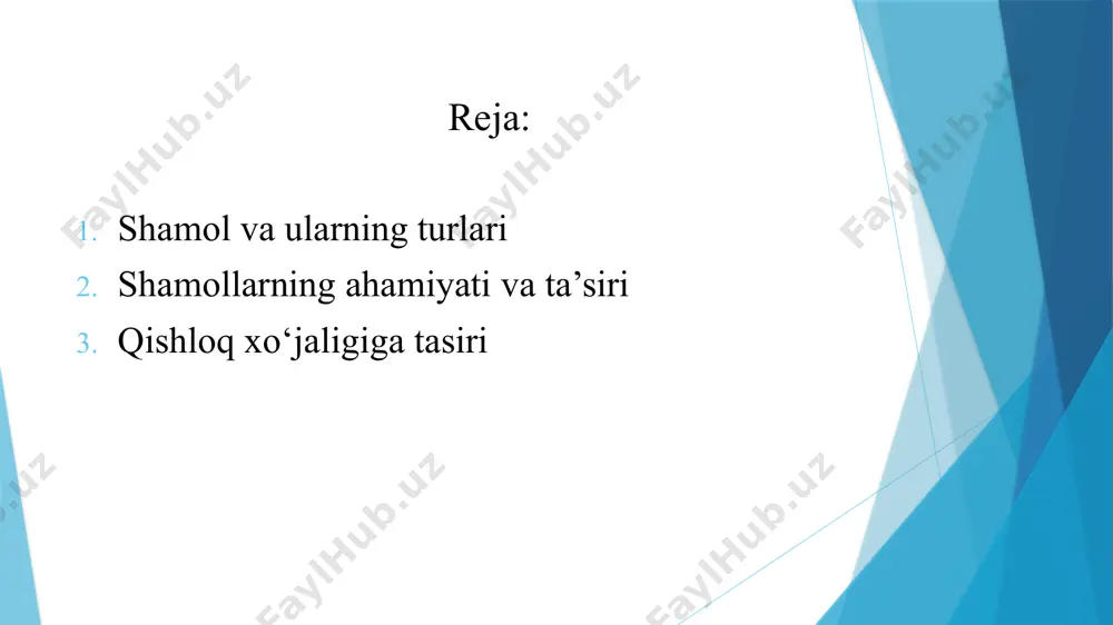 izdan quruqlikka esadi. tungi briz – quruqlikdan dengizga esadi. asosan qirg‘oqbo‘yi hududlarida uchraydi. fyon – tog‘ yon bag‘irlarida esuvchi issiq va quruq shamol. tog‘dan pastga tushayotganda qizib, havo haroratini oshiradi. asosan yevropa alplari, and tog‘lari va tyan-shan tog‘larida kuzatiladi. shamollarning iqlim va ob-havoga ta’siri shamollar havo massalarini bir joydan boshqa joyga ko‘chirib, ob-havo sharoitini belgilaydi. namlik va yog‘ingarchilik taqsimotiga ta’sir qiladi. masalan, musson shamollari hindistonda kuchli yog‘ingarchilik olib keladi. sahro hududlarida issiq va quruq shamollar (masalan, sirokko va samum) havoni yanada quritib, issiqlikni oshiradi. shamollarning qishloq xo‘jaligiga ta’siri changlanish jarayoniga yordam beradi, ayniqsa shamol bilan changlanadigan o‘simliklar uchun foydalidir (masalan, bug‘doy, makkajo‘xori). tuproq eroziyasiga sabab bo‘lishi mumkin – kuchli shamollar tuproqni uchirib, hosildorlikni kamaytiradi. namlikni tarqatadi – dengizdan kelayotgan nam havo qishloq xo‘jaligi hududlariga yog‘ingarchilik olib keladi. muzlamalarni hosil qiladi yoki eritadi – tog‘ hududlarida iliq shamollar (fyon) qor va muzlarni eritib, suv oqimlarini oshiradi. shamollarning iqtisodiyot va energetikaga ta’siri …