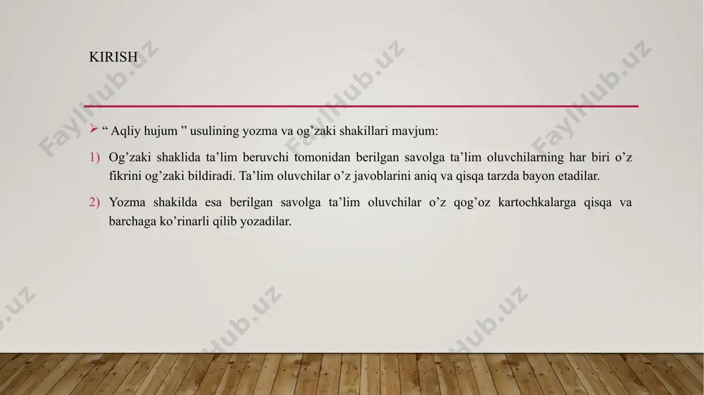 r beradi va ularni qo'llab-quvvatlaydi. jamoaning o'sishi va rivojlanishi uchun xizmat qiladi. 5) laissez-faire yetakchilik: jamoa a'zolariga erkinlik beradi, kam nazorat qiladi. ijodkorlik va mustaqillikni rag'batlantiradi, lekin ba'zida tartibsizlikka olib kelishi mumkin. yetakchilik uslublari va strategiyalari yetakchilik strategiyalari: 1) ma'lumotni tarqatish: ochiq va shaffof muloqot olib borish, jamoa a'zolariga kerakli ma'lumotlarni taqdim etish. 2) motivatsiya yaratish: jamoa a'zolarini rag'batlantirish uchun mukofotlar, tan olinish yoki rivojlanish imkoniyatlari taqdim etish. yetakchilik uslublari va strategiyalari 3) o'qitish va rivojlantirish: jamoa a'zolarining ko'nikmalarini oshirish uchun treninglar va seminarlar o'tkazish. 4) qaror qabul qilish jarayonini soddalashtirish: qarorlarni tez va samarali qabul qilish uchun aniq jarayonlar belgilash. 5) o'zgarishga tayyorlik: o'zgarishlarga moslashish va yangi vaziyatlarga javob berishga tayyor bo'lish. yetakchilik uslublari va strategiyalari 6) jamoaviy ishni rag'batlantirish: jamoa ichidagi hamkorlikni rivojlantirish va jamoaviy maqsadlarga erishishga yordam beradigan muhit yaratish. 7) natijalarni baholash: amalga oshirilgan ishlarning samaradorligini baholash va natijalarga tahlil qilish. xulosa aqliy hujumda yetakchining ro'li …