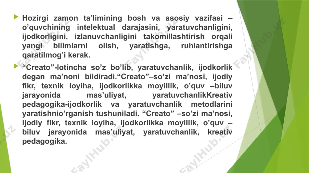 b boradi. ta’limni olib boruvchi –o’quv jarayonini olib boruvchi –o’quvchi o’quv jarayonining faol ishtirokchisi o’quv –biluv mas’uliyatini o’z bo’yniga oluvchi hamdir. -ta’lim jarayonini texnologiyalashtirish, innovatsiyalar, ilg’or texnologiyalar, yangi o’quv ob’ektlari o’quvchining tafakkurini, abstraktfikrlash, ijodiy fikrlashiga olib keladi. -o’quv jarayonini algoritmlash, loyihalash, modullashtirish o’quvchining o’quv jarayoniga bo’lgan shaxsiy mas’uliyatini oshiradi. ularda motivatsiyaning kuchayishi orqali qo’shimcha ma’lumotlar olish asosida o’z bilimini boyitib borish extiyojini tug’diradi. -o’quv jarayonini kreativ yo’naltirish uchun: o’quv jarayonida o’quv materialini berib borish, boshqa qo’shimcha materiallarni taklif etish va o’quvchini izlanishga, ijodkorlikka yo’naltiruvchi material asosida uni o’z extiyoji, xoxishi orqali yangilik sari yetaklash. -o’quv jarayonini ham shunday o’zgartirish kerakki, unda o’quvchi o’quv materiallarining yaratuvchisiga aylanib, berilgan o’quv materiali o’sha yaratuvchilikka xizmat qilsin. -o’quv materiallariga yangi qo’shimchalar kiritish orqali evristik strategiya, taktika, metod va usullar taklifi orqali o’quvchini ijodiy fikrlashga qiziqishini oshirish kerak.umuman inson faoliyatida yaratuvchanlik, ijodiy fikrlash, har qanday muammoli vaziyatni o’z vaqtida hal etsa, o’quvchi uchun asta –sekin …