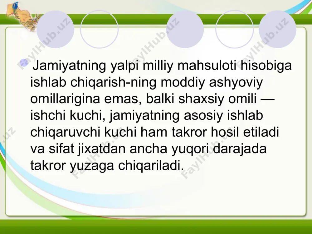ntirish. prezidentimiz i.a. karimov ta'kidlab o’tganlaridek, «...kichik, o’rta va xususiy tadbirkorlikning yalpi ichki mahsulot ishlab chiqarishda nafaqat hal qiluvchi mavqe egallashi, ayni vaqtda uning aholi farovonligi va daromadlari ortishida, ishsizlik muammosini yechishda ham muhim omilga aylanishiga erishmogimiz lozim». respublikada bu sohada ko’rilgan chora-tadbirlar natijasida xozirgi kunda xususiy tadbirkorlar soni 3,5 mln. dan ortiq kishini tashkil qiladi. ish bilan band bo’lganlarning umumiy sonida kichik va o’rta biznesda mashrul bo’lganlar ulushi 46,7 foizga teng bo’lib, ularning 1,8 foizi o’rta, 5,8 foizi kichik va 39,1 foizi xususiy korxonalar qissasiga to’rri kelgan. 2000 yilda respublikada o’rta va kichik biznes korxonalari yalpi ichki maxsulotning 31,0 va sanoat mahsulotlari hajmining 11,3 foizini ishlab chiqargan. ularning ulushi qurilish ishlarida 37,0 foizni, chakana savdo aylanmasida 45,9 foizni va aholiga pulli xizmat ko’rsatishda 37,9 foizni tashkil qilgan. respublikada davlattomonidan kichik va o’rta biznesni rivojlantirish bo’yicha ishlab chiqilgan dasturlarning amalga oshirilishi natijasida 2005 yilgacha bo’lgan davr davomida qo’shimcha 1215 ming …