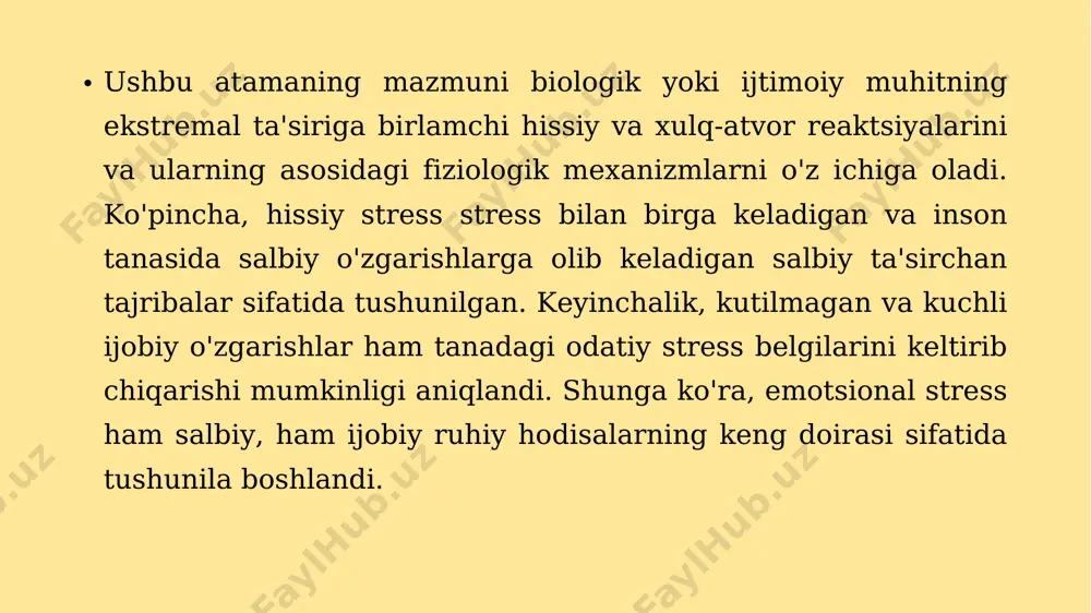hans selye, stress nazariyasini yaratuvchilar o'z asarlarida stress og'riq, azob, xo'rlik, hayotdagi halokatli o'zgarishlarni anglatmasligini ta'kidlaganlar. psixologik stress nima? mana uning klassik ta'rifi nazariya muallifi tomonidan berilgan. stress (stress - kuchaygan stress holati, hissiy stress) - uning gomeostazini buzilishiga olib kelgan stress omillarining ta'siri tufayli organizmning unga qo'yilgan har qanday talablarga o'ziga xos bo'lmagan adaptiv reaktsiyalar majmuasi. nonspesifik reaktsiyalar - bu tananing dastlabki holatini tiklashga qaratilgan, o'ziga xos stimullarga o'ziga xos ta'sir ko'rsatadigan adaptiv harakatlar. insonning odatiy hayotidagi o'zgarishlarni keltirib chiqaradigan har qanday ajablantiradigan narsa stress omili bo'lishi mumkin. vaziyatning ijobiy yoki salbiy bo'lishi muhim emas. hissiy shok nafaqat tashqi sharoitlar, balki muayyan hodisalarga ongsiz munosabat bilan ham qo'zg'atilishi mumkin. inson ruhiyati uchun faqat hayotning odatiy ritmlarini qayta qurish uchun zarur bo'lgan harakatlar miqdori, yangi talablarga moslashish uchun sarflangan energiya intensivligi rol o'ynaydi. stressli vaziyatlar ham ikki guruhga bo'linadi: ekstremal ijtimoiy sharoitlar (urush, bezorilik hujumlari, tabiiy ofatlar) va muhim psixologik …