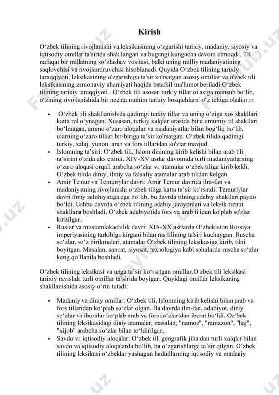 a atamalar ko‘proq qo‘llanilmoqda. · globalizatsiya va texnologik taraqqiyot: xx asr oxiri va xxi asr boshlarida globalizatsiya va texnologik rivojlanish o‘zbek tilining leksikasiga sezilarli ta’sir ko‘rsatdi. kompyuter texnologiyalari, internet va ilm-fan sohalaridagi yangi atamalar inglizcha va boshqa tillardan o‘zbek tiliga kirib keldi. masalan, "internet", "kompyuter", "software" kabi so‘zlar keng qo‘llaniladi. o‘zbek tili va leksikasining ahamiyati. o‘zbek tili milliy madaniyatning ajralmas qismi hisoblanadi. u xalqning tarixini, an’ana va urf-odatlarini, diniy va ma’rifiy qarashlarini ifodalaydi. o‘zbek tilining leksikasi esa xalqning kundalik hayoti, iqtisodiy, ijtimoiy va madaniy jarayonlarini aks ettiradi. shu bilan birga, o‘zbek tili va leksikasi boshqa tillar bilan o‘zaro aloqada bo‘lib, madaniyatlar va ilm-fanlar orasidagi bog‘lanishni ta’minlaydi.[1,79] · milliy til va madaniyat: o‘zbek tilining boy leksikasi va adabiy an’analari xalqni birlashtirish va uni madaniy jihatdan rivojlantirishda muhim vosita hisoblanadi. bu til orqali millat o‘zining tarixini, adabiyotini, san’atini va falsafasini saqlaydi. · zamonaviy aloqalar va integratsiya: globalizatsiya jarayonida o‘zbek tili xalqaro maydonda …