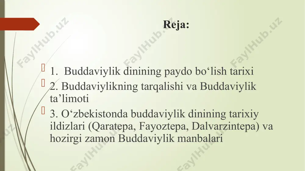 kan miqdordagi matnlarni o‘z ichiga olgan tripitakaning bir necha variantlari mavjud. ularning ichidan eng mashhuri va keng qo‘llaniladigani xinayana yo‘nalishiga mansub “pali qonunlari” (tripitakaning nomlaridan biri) hisoblanadi. buddaviylikni din yoki falsafa, mafkura yoki madaniyat qonunlari to‘plami yoki hayot tarzi deb baholash mumkin. buddaviylik asoschisi haqida habar beruvchi folklor va badiiy adabiyotlar uni siddxardxa gautama, shakyamuni, budda, tadxagata, djinna, bxagavan kabi ismlar bilan zikr etadilar. bu ismlarning ma'nolari quyidagicha: siddxardxa - shaxsiy ismi, gautama - urug‘ ismi, shakyamuni - shaklar yoki shakiya qabilasidan chiqqan donishmand, budda - nurlangan, tadxagata - shunday qilib, shunday ketgan, djina - g‘olib, bxagavan - tantana qiluvchi. bu ismlar ichida eng mashhuri budda ismi bo‘lib, uning ismidan dinga buddaviylik nomi berilgan. buddaviylik qadimiy hind diniy-falsafiy ta’limotlari ta’sirida shakllanganini alohida qayd etish lozim. buddaviylikda o‘sha davrda ham ustuvor bo‘lgan kasta tizimi va unda ruhoniylarning boshqalardan ustunligi haqidagi qarashlar va amaliyot ham inkor qilingan. bular buddaning “o‘zingga ozor yetmasin …