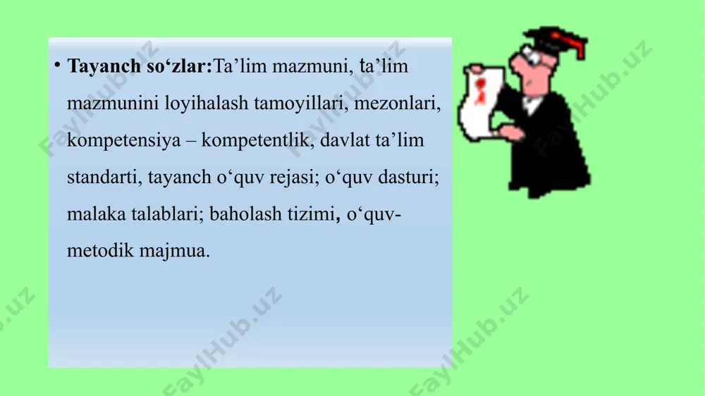 moddiy-texnik bazasining zamonaviy talablarga javob berishi ta’lim mazmunini belgilovchi me’yoriy hujjatlar ta’lim mazmunini belgilab beruvchi eng asosiy me’yoriy hujjat davlat ta’lim standartidir. o‘quv reja, o‘quv dasturi, malaka talablari umimg tarkibiy qismiga kiradi. «standart» ingliz tilidan tarjima qilinganda «me’yor», «namuna», «andoza», «model» ma’nolarini anglatadi. standart yordamida, respublika miqyosidagi turli ta’lim muassasalarida ta’limning barqarorlik darajasini ta’minlashga erishiladi, o‘quv ishlari normativlari moslashtiriladi, o‘quvchilarning bilimlarini baholash mezonlari ishlab chiqiladi davlat ta’lim standartining maqsadi - umumiy o‘rta ta’lim tizimini mamlakatda amalga oshirilayotgan ijtimoiy-iqtisodiy islohotlar, rivojlangan xorijiy mamlakatlarning ilg‘or tajribalari hamda ilm-fan va zamonaviy axborot-kommunikatsiya texnologiyalariga asoslangan holda tashkil etish, ma’naviy barkamol va intellektual rivojlangan shaxsni tarbiyalashdan iborat. dtsning vazifalari: -umumiy o‘rta ta’lim mazmuni va sifatiga qo‘yiladigan talablarni belgilash; milliy, umuminsoniy va ma’naviy qadriyatlar asosida o‘quvchilarni tarbiyalashning samarali shakllari va usullarini joriy etish kadrlarni maqsadli va sifatli tayyorlash uchun ta’lim, fan va ishlab chiqarishning samarali integratsiyasini ta’minlash; o‘quv-tarbiya jarayoniga pedagogik va zamonaviy axborot-kommunikatsiya texnologiyalarini joriy etish, …